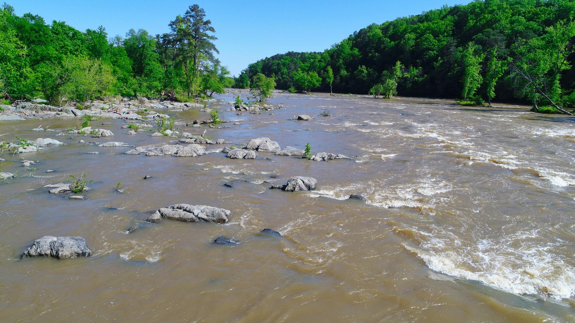 Wide, rocky river with brown, turbulent water flowing through green forests.