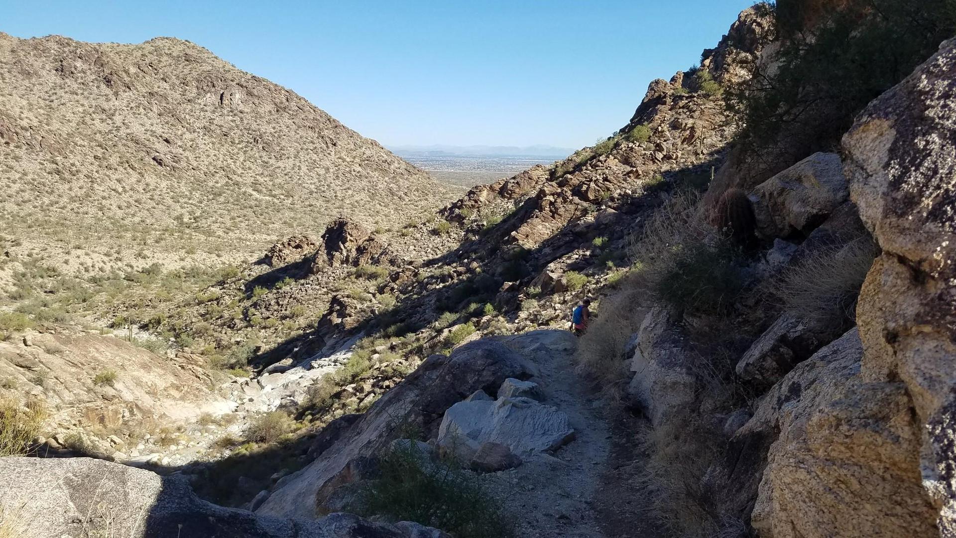 Rocky desert canyon with a winding trail under bright daylight.