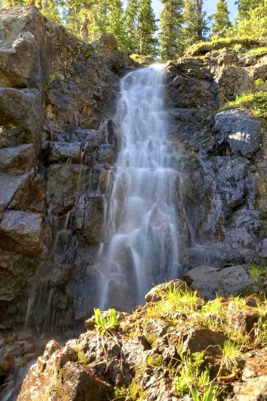 A beautiful waterfall cascades down a rocky cliff with green plants.