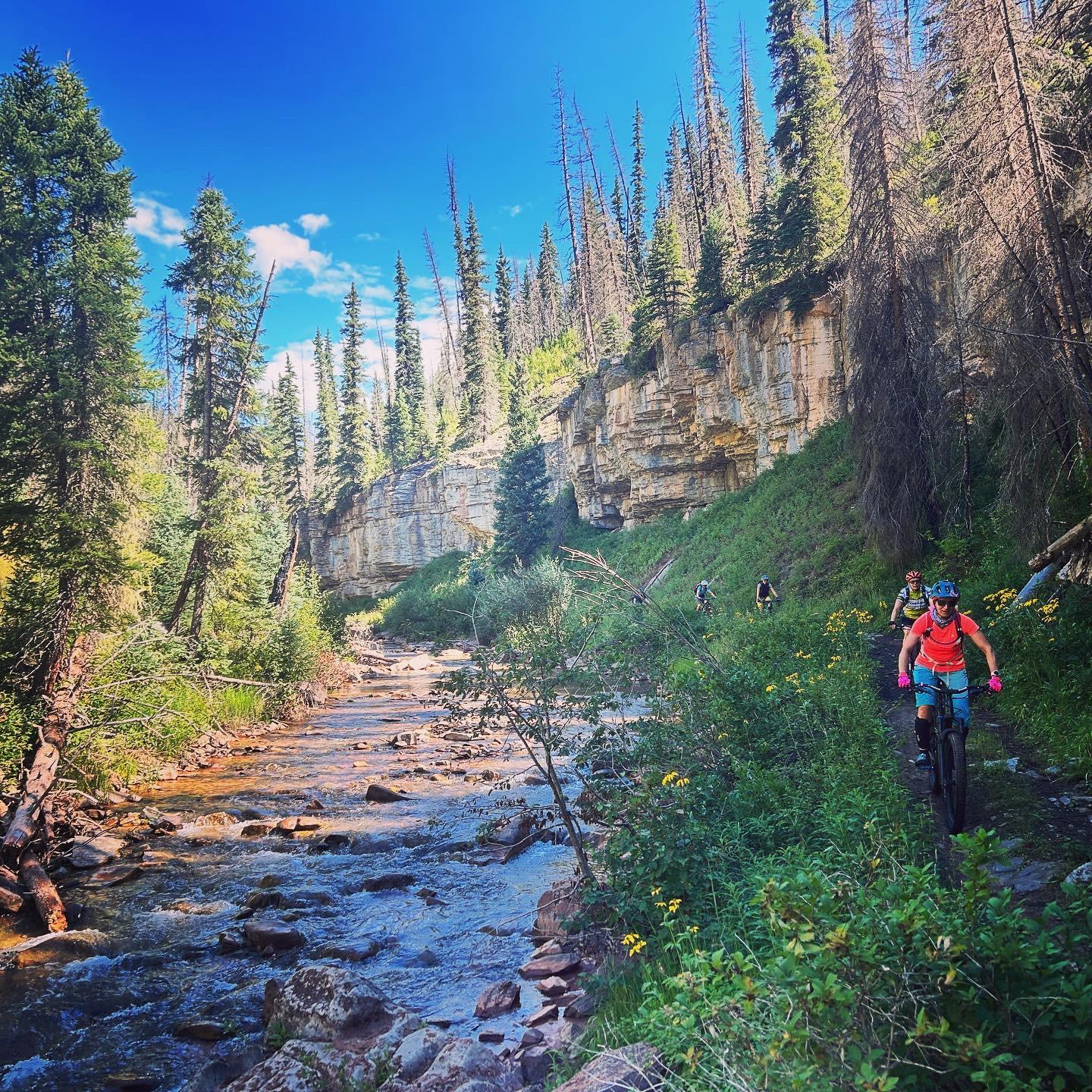 Sunny mountain bikers on a trail next to a river and cliffs.