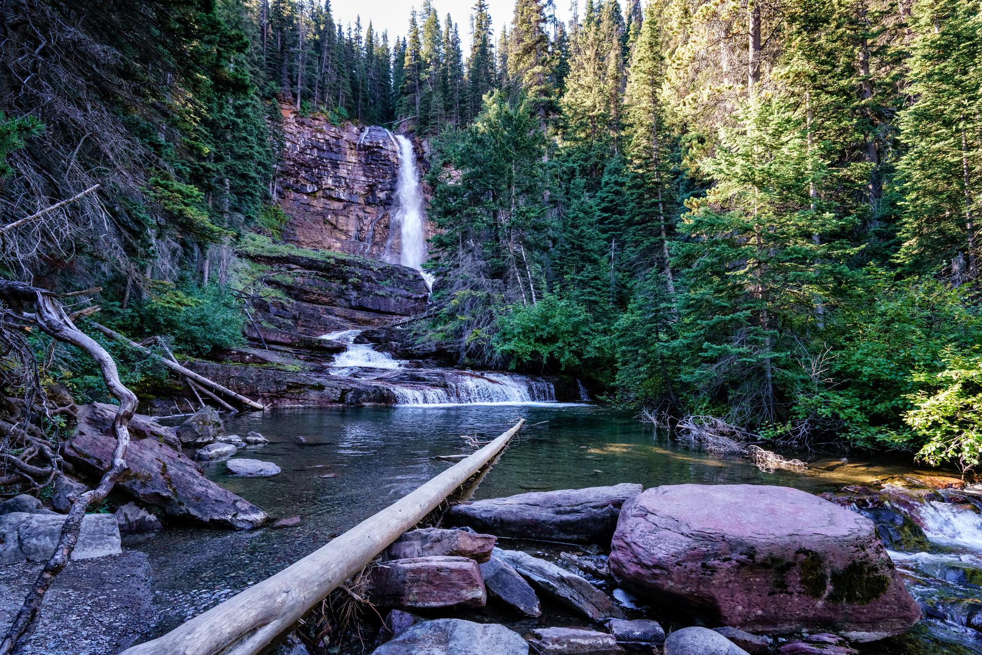 Tall waterfall plunging into a clear pool, surrounded by lush green forest.