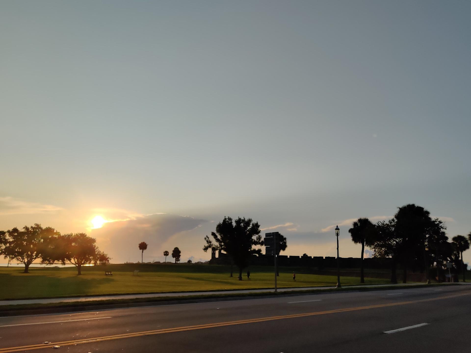 Sunset over a coastal road with silhouetted trees and a grassy park.