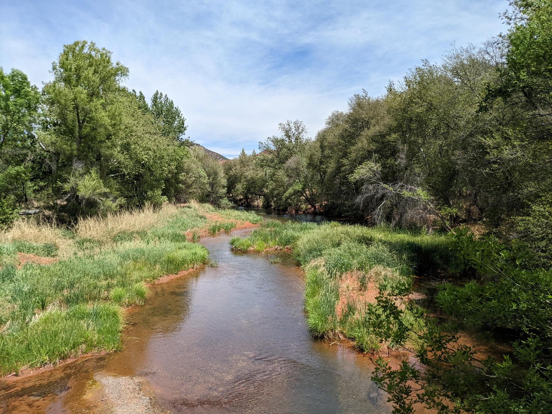 A clear river flows through a vibrant green landscape under a blue sky.