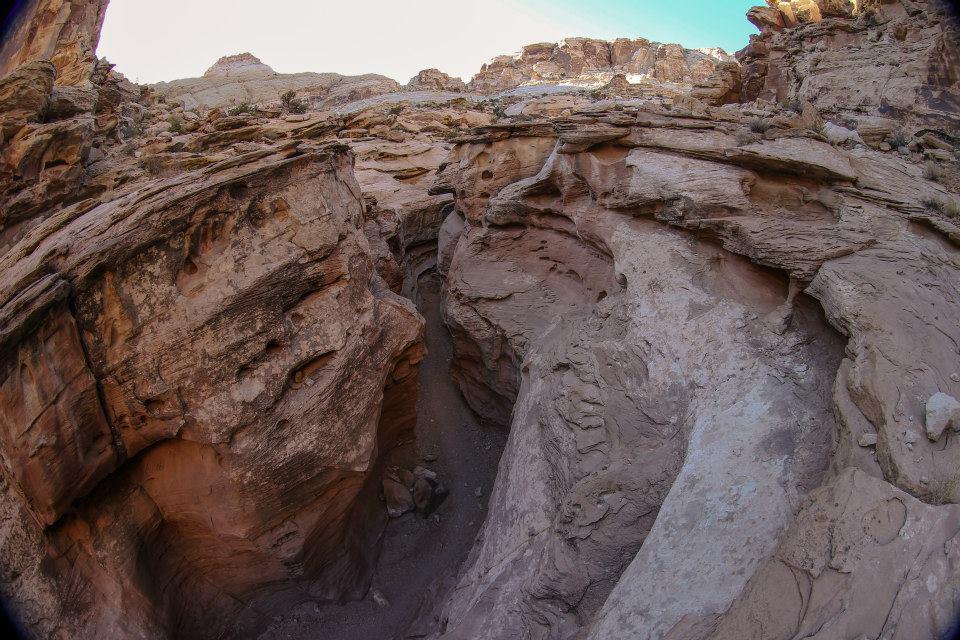 Fisheye view of a narrow, winding slot canyon with sculpted rock walls.