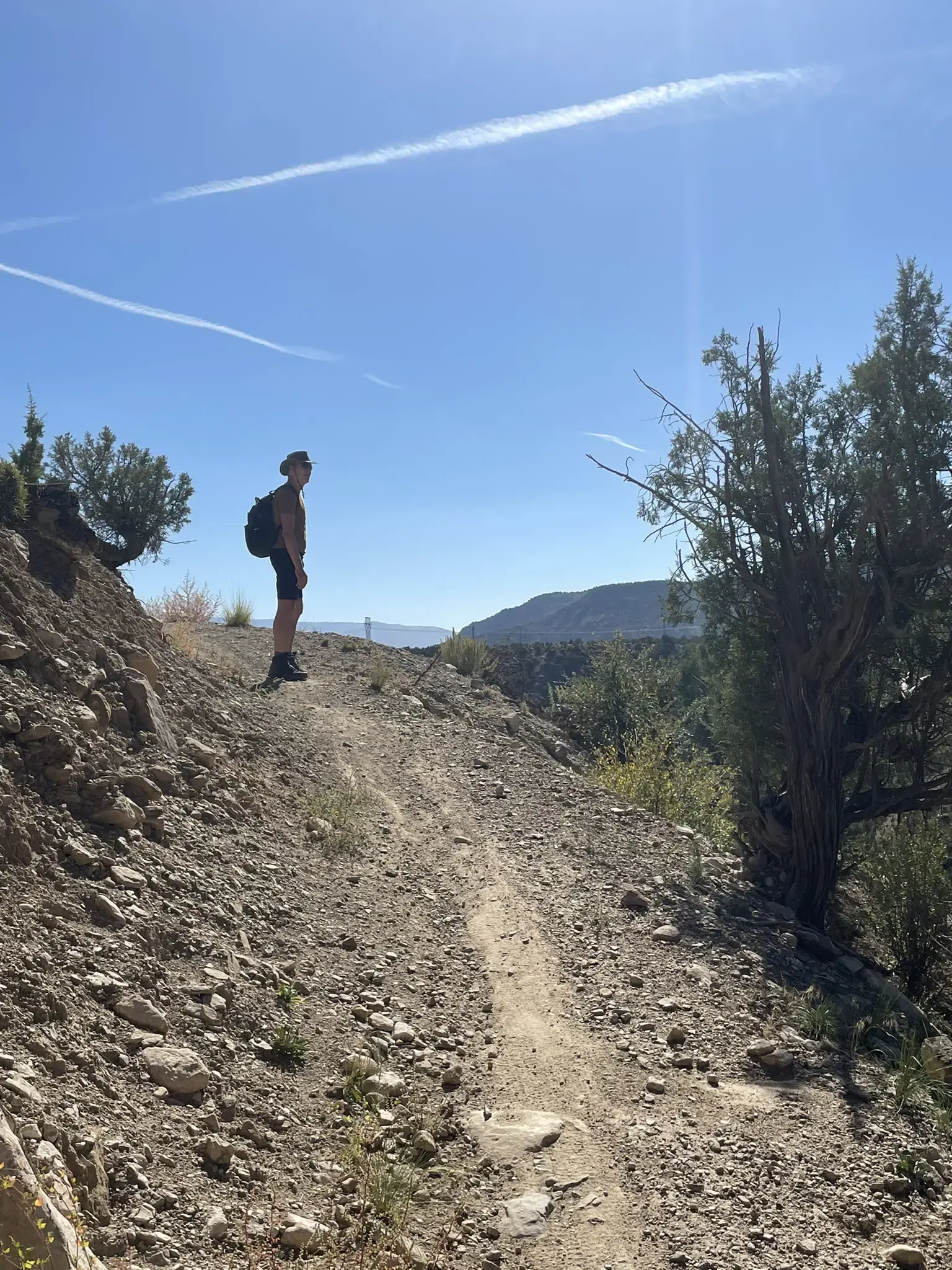 Hiker with backpack stands on a dirt trail overlooking a vast valley.
