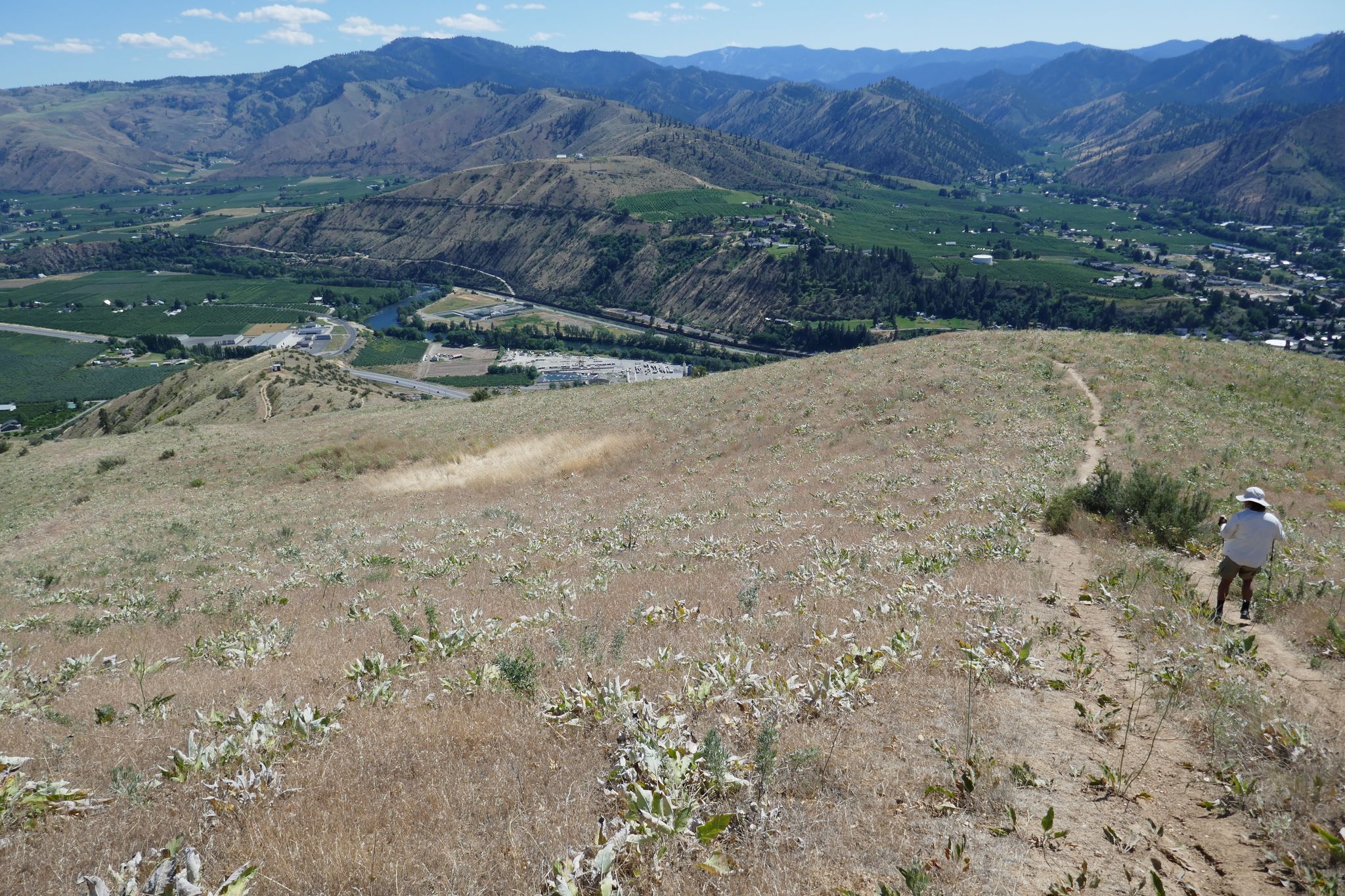 Person hiking a sunny, dry trail with trekking poles, overlooking a valley. - Spring Canyon Loop Trail