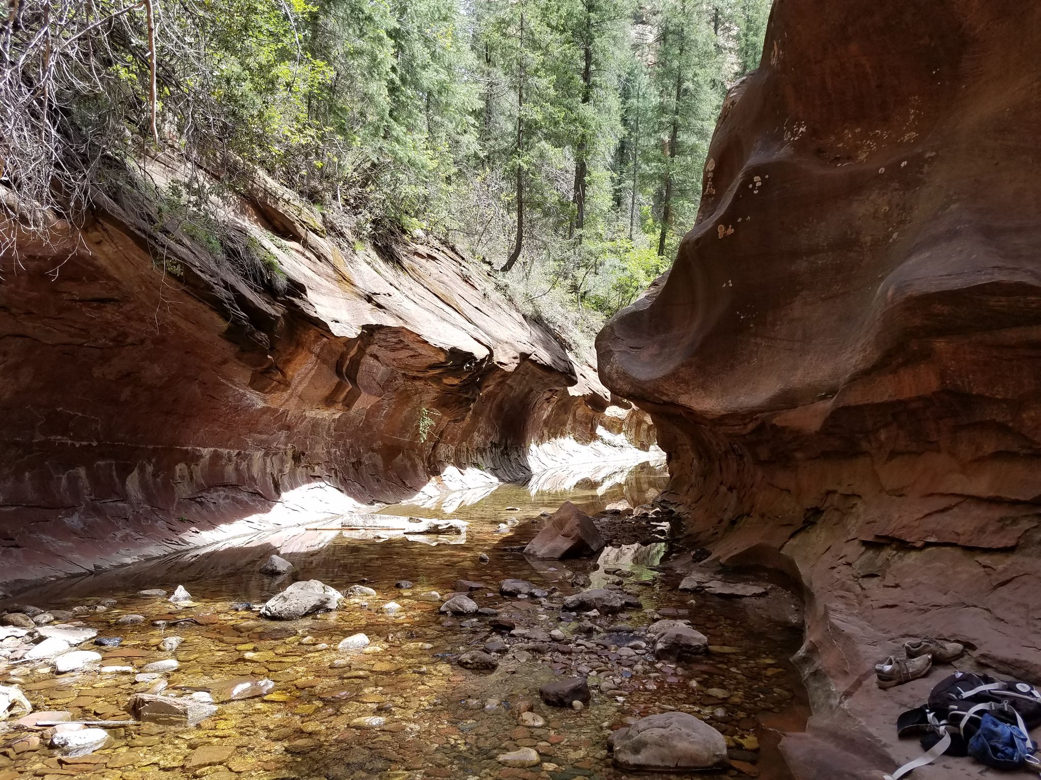 A shallow stream flows through a narrow, shaded slot canyon with a backpack. - West Fork Trail #108