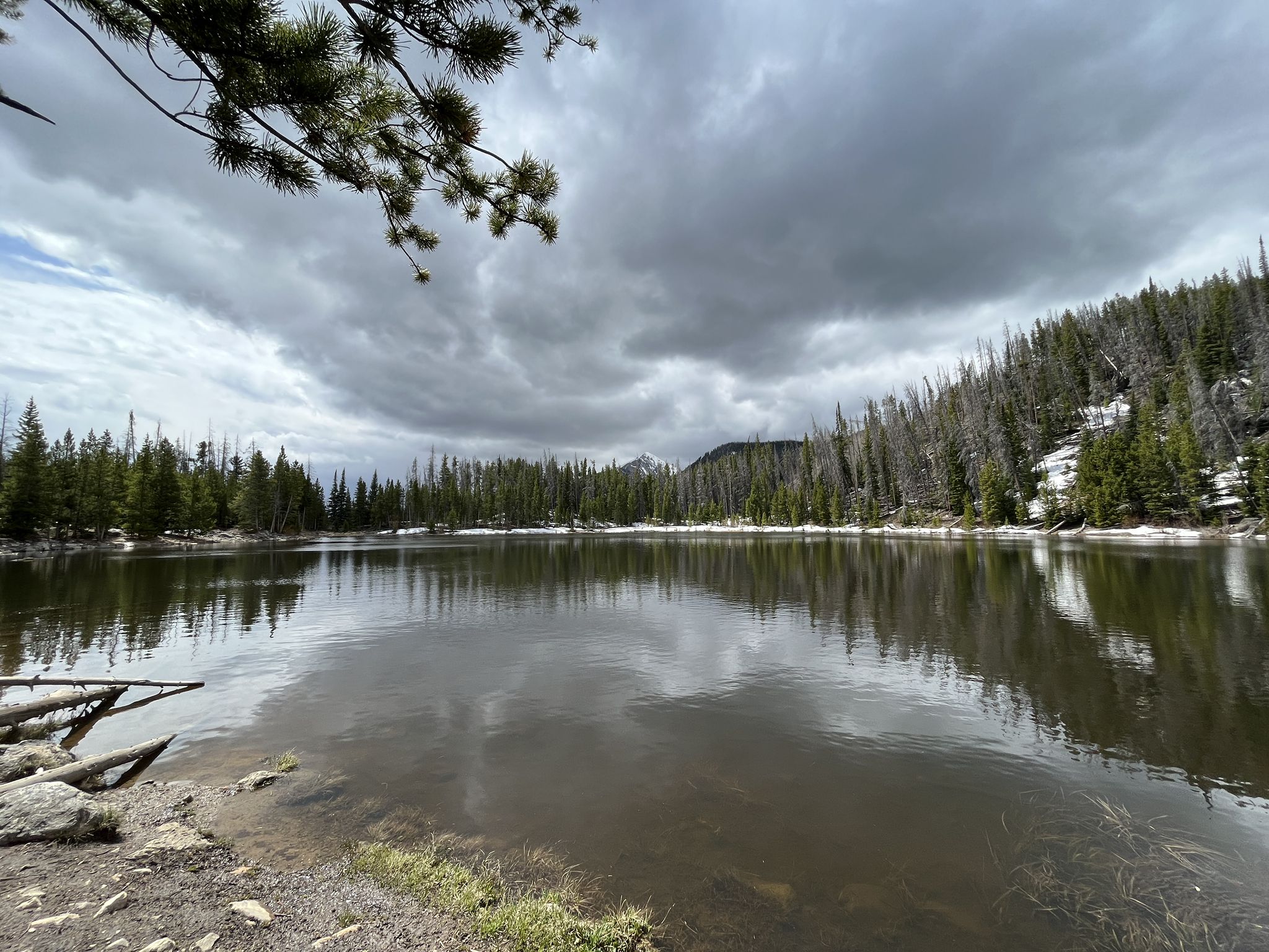 A wide lake reflecting a dark, cloudy sky and distant forested mountains. - Lily Pad Lake via Meadow Creek Trail