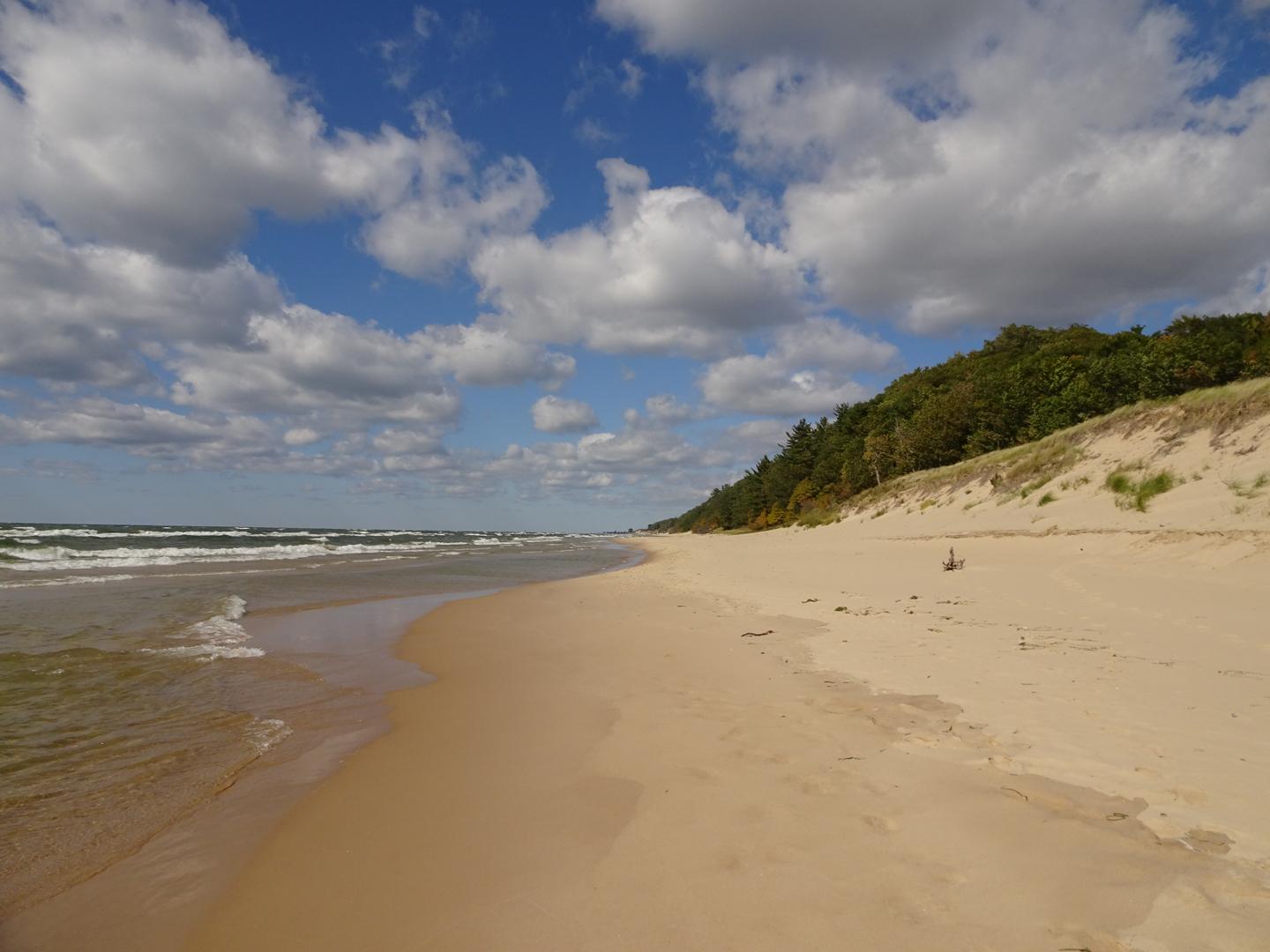 A wide sandy beach with waves, a forested dune, under a cloudy blue sky.