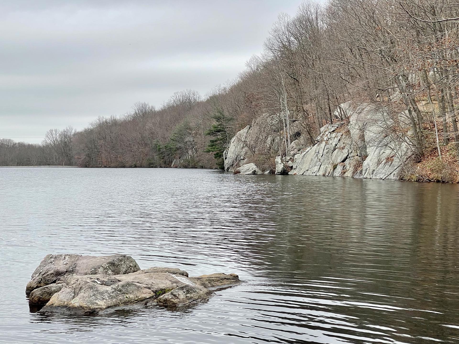 A serene lake with large rocks and bare trees under a cloudy sky.