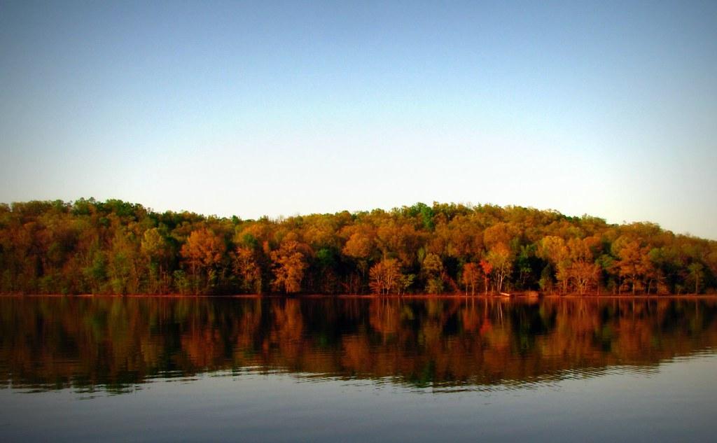 Forested shoreline with autumn colors reflected in still water at sunset.