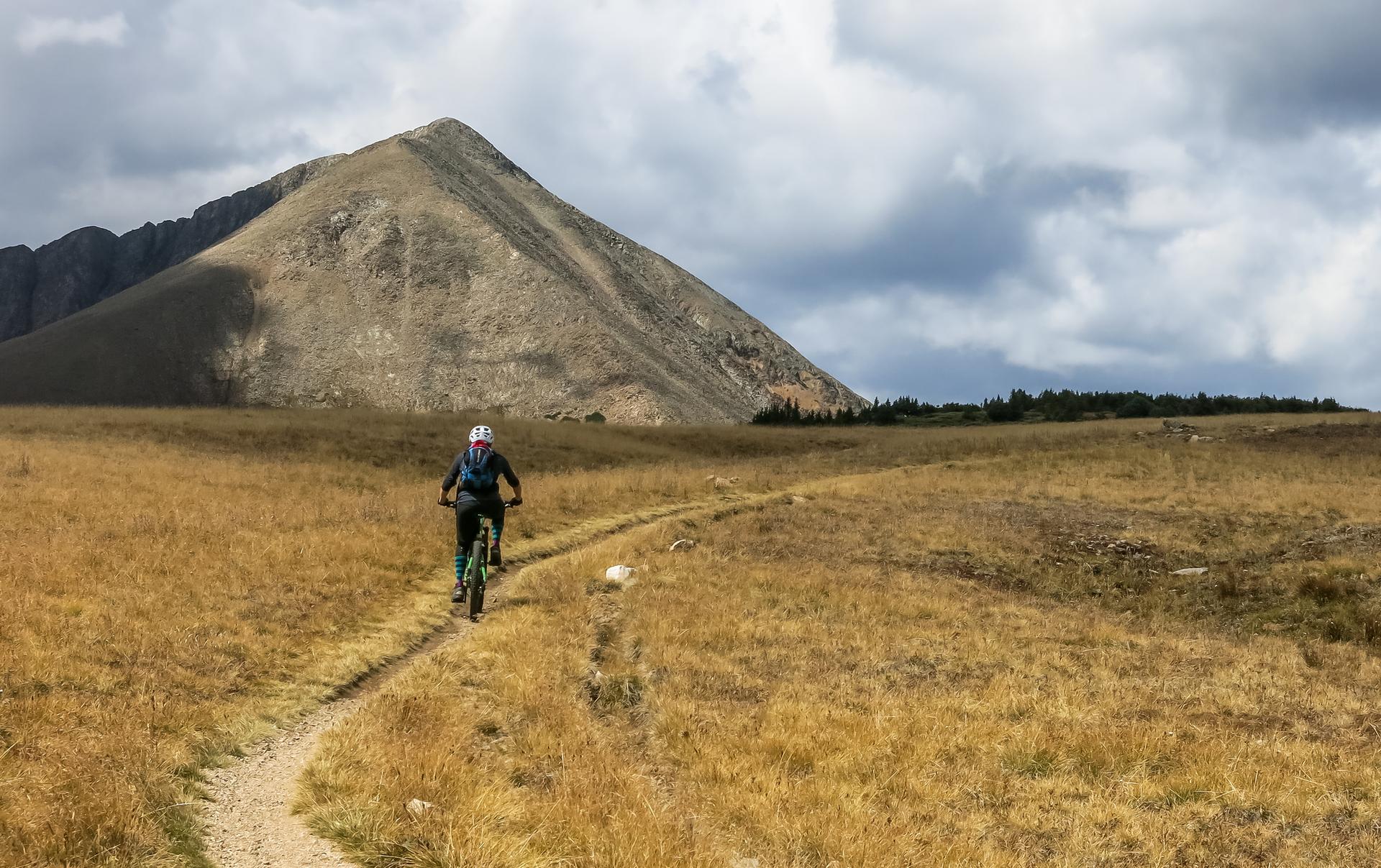 Person mountain biking on a dirt path through golden fields under cloudy skies.
