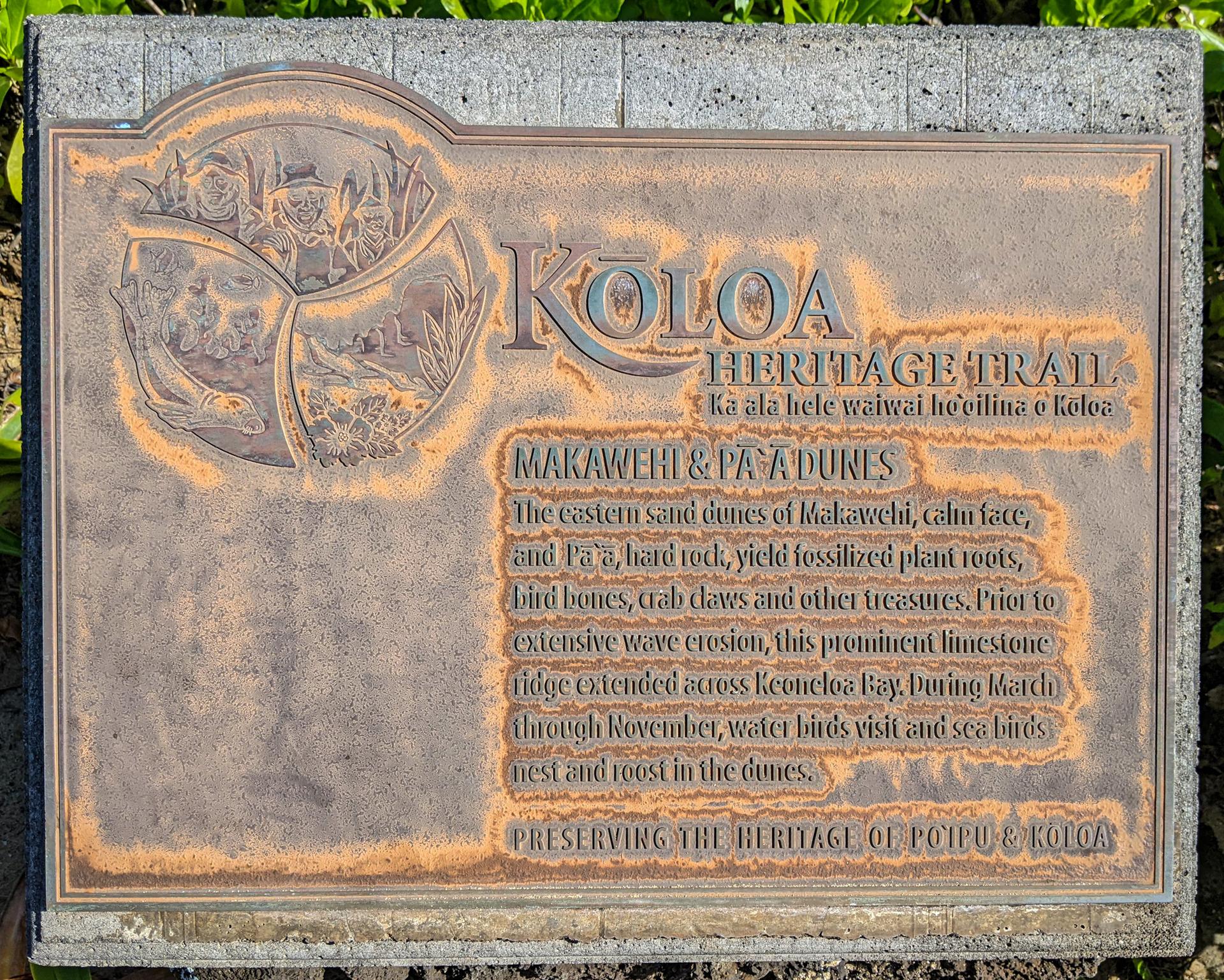 A weathered bronze interpretive plaque with text and illustrations on a stone base.