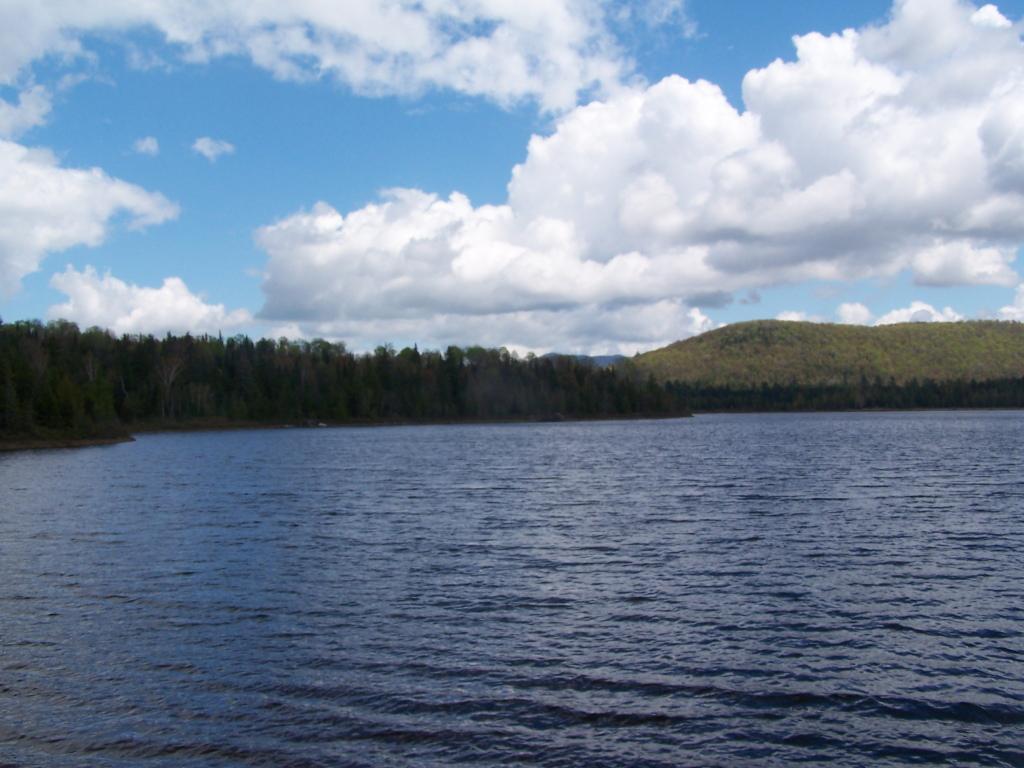A serene lake with a forested shore and distant green hills under a partly cloudy sky.