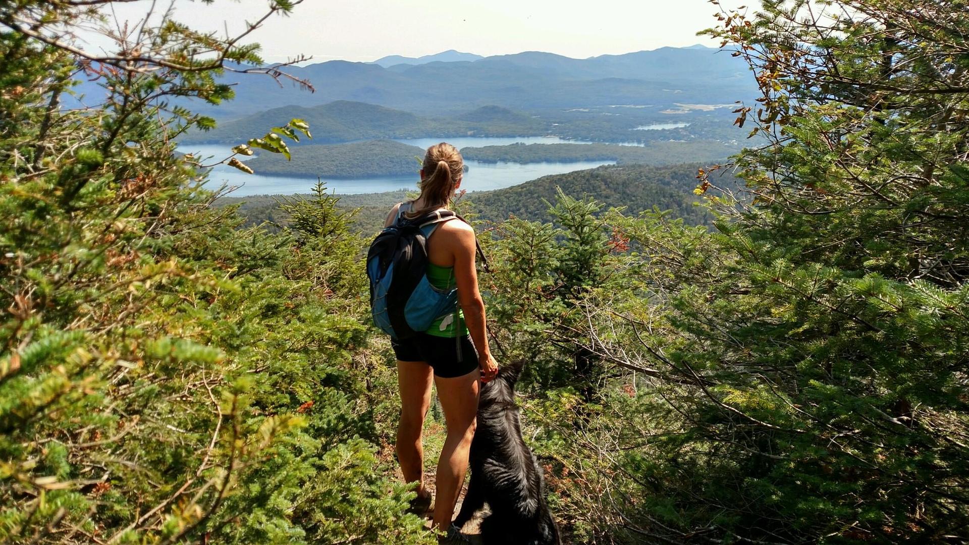 Hiker and dog admire a sunny mountain view with multiple lakes below.