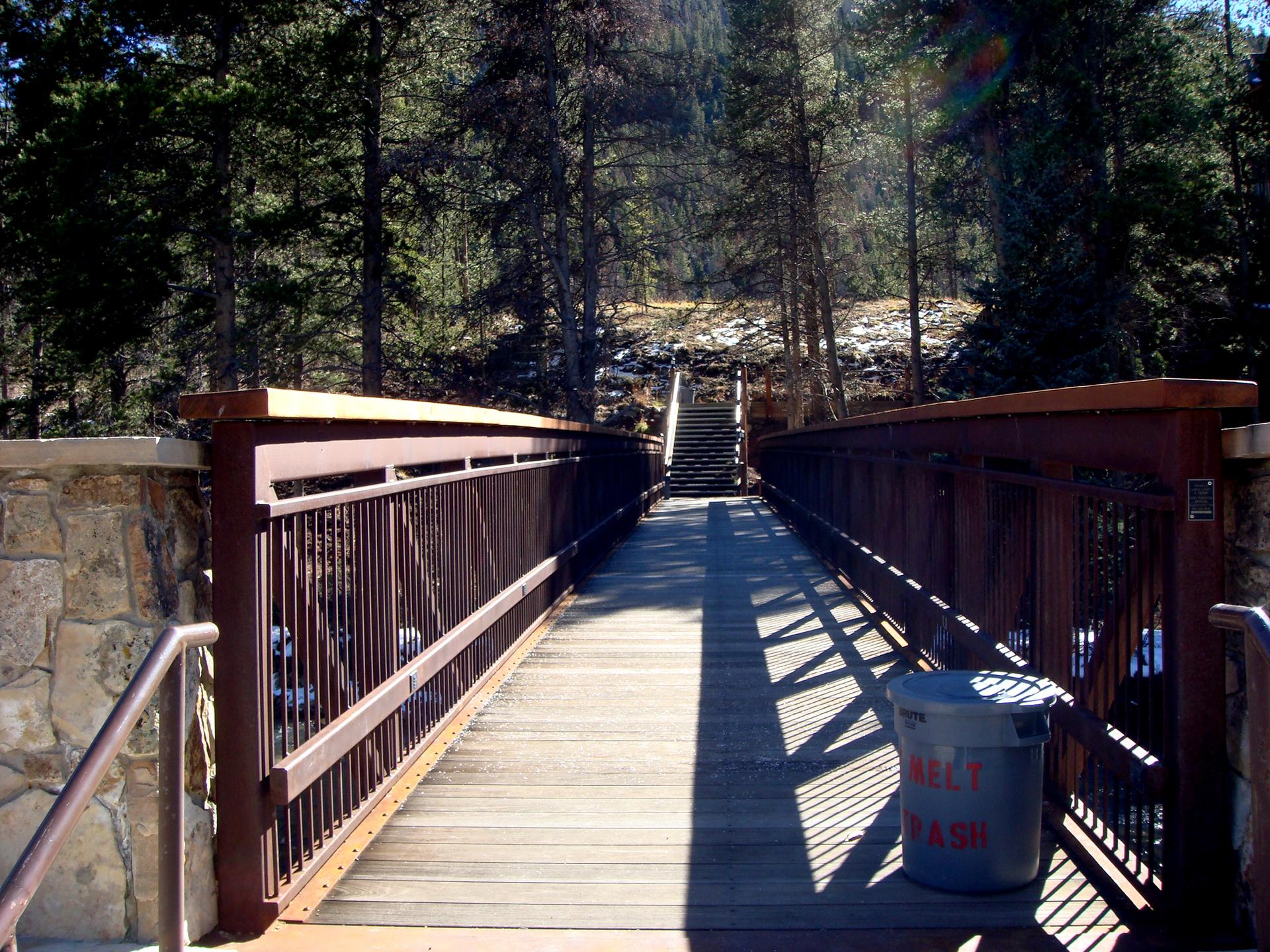 A wooden bridge with metal railings leads to stairs up a sunny, forested hill.