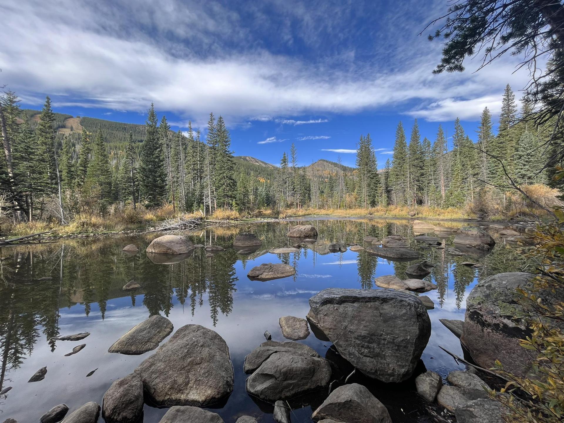 Rocky lake reflecting blue sky and clouds, surrounded by pine trees.