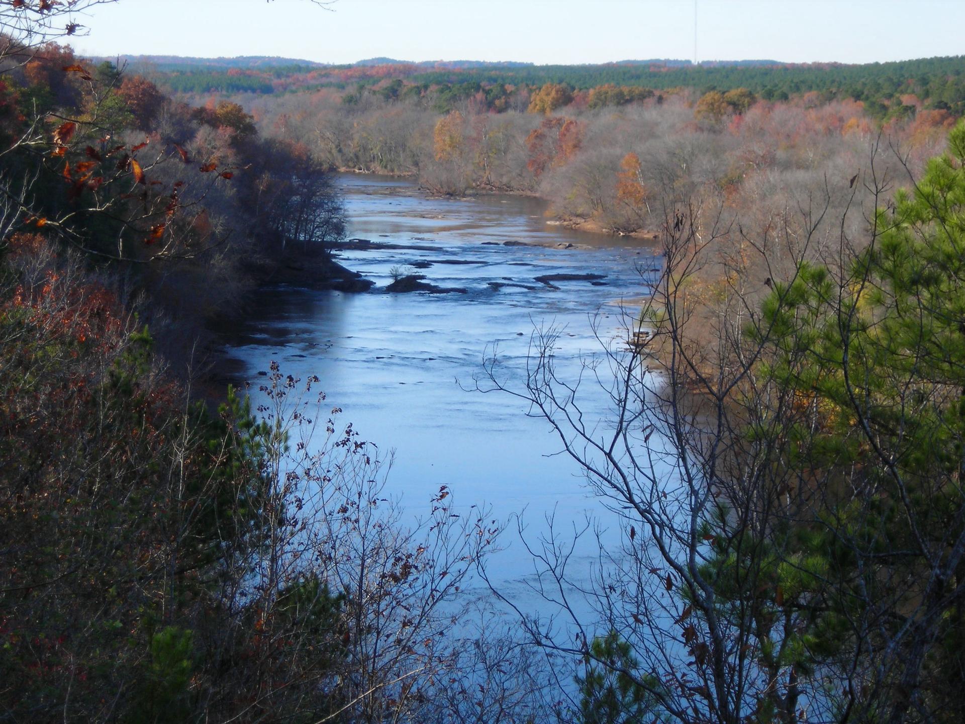 A wide river flows through a forested landscape with autumn trees under bright daylight.