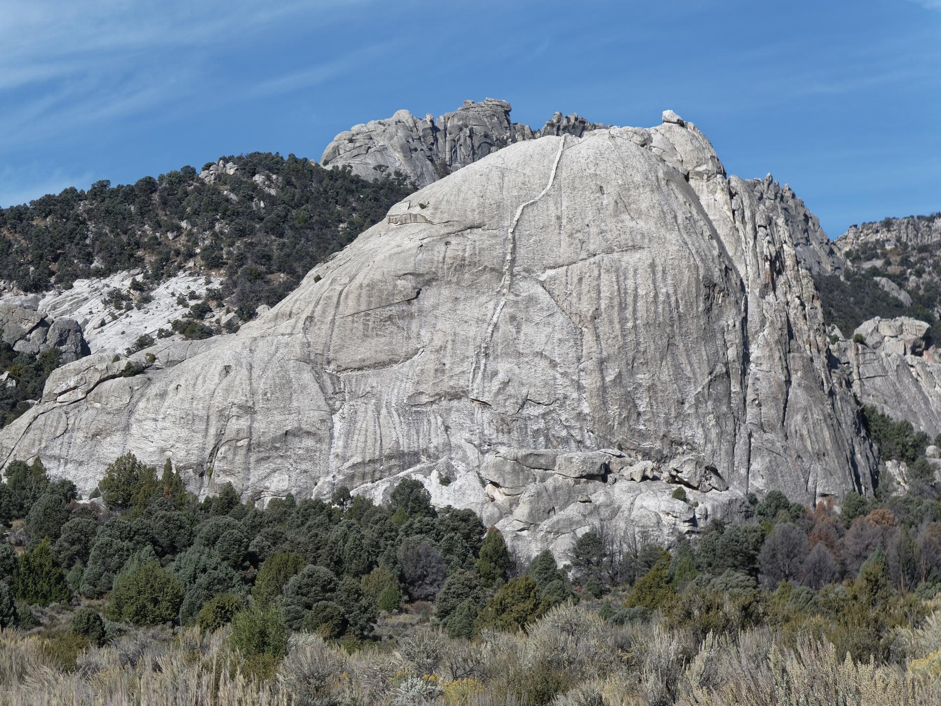 Large, smooth gray rock face with streaks, surrounded by green and brown trees.