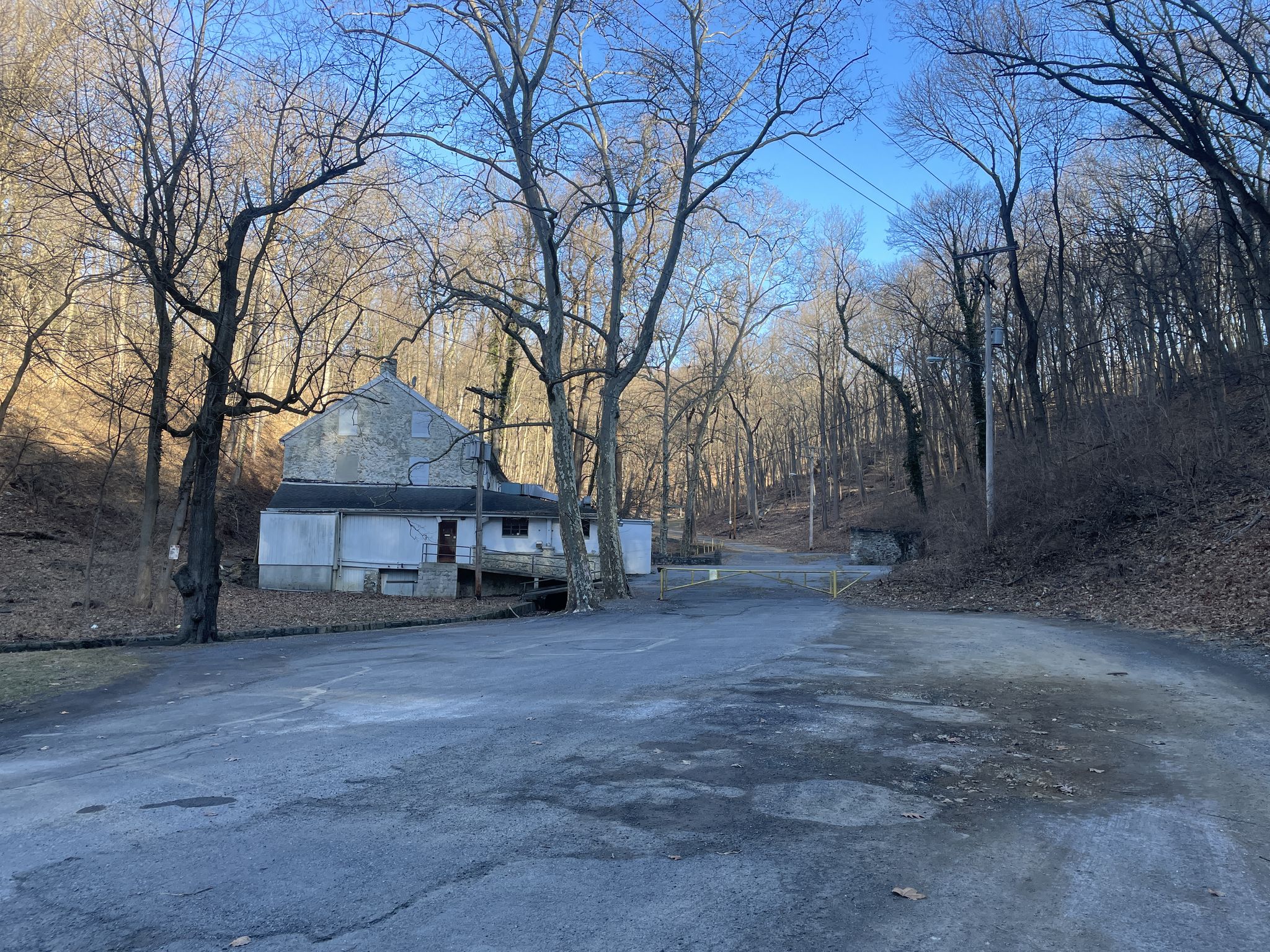 Old building nestled in a bare winter forest with a paved road. - Angelica Creek Trail