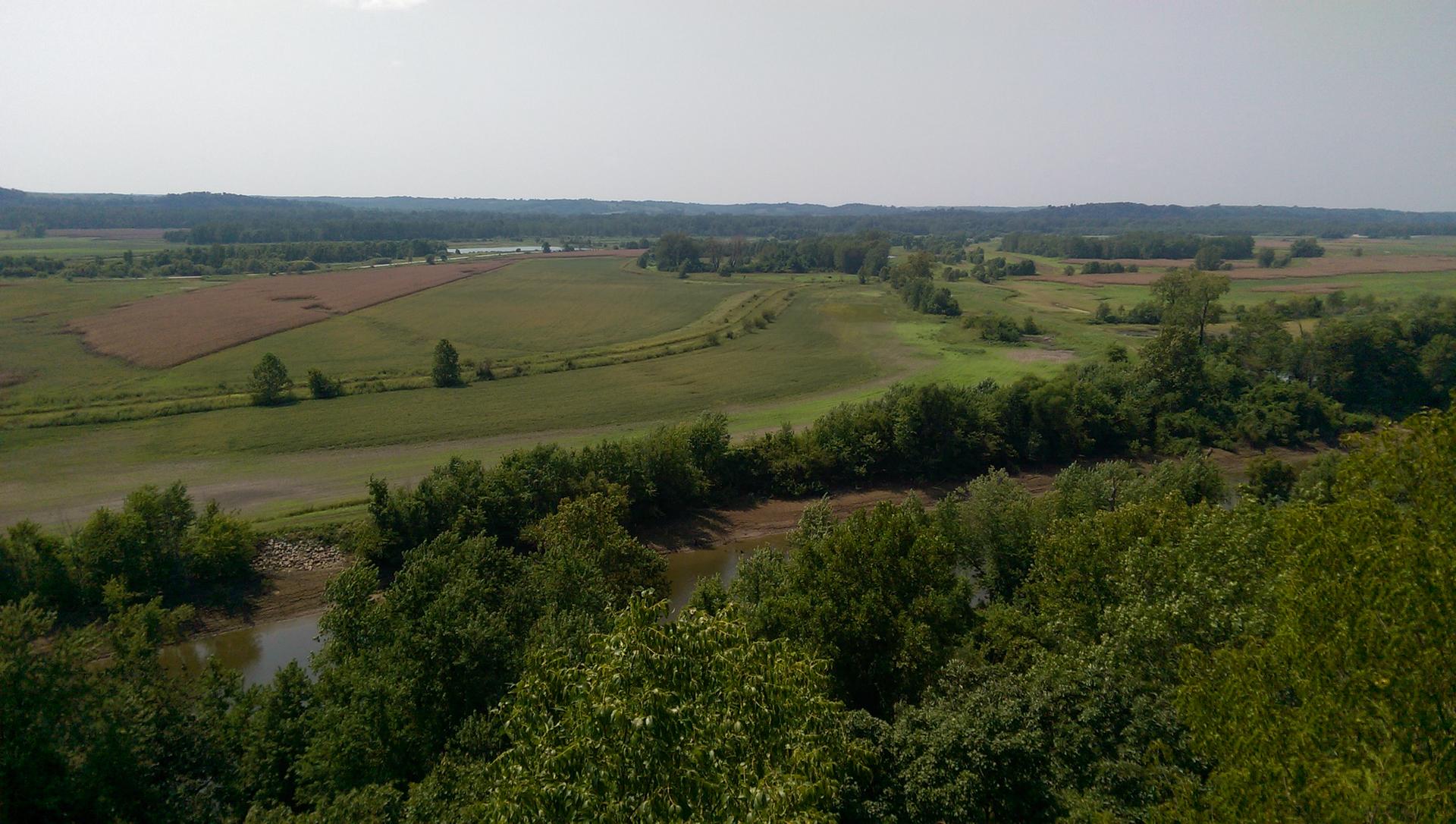 Aerial view of green fields, a winding river, and dense forests under a bright sky.