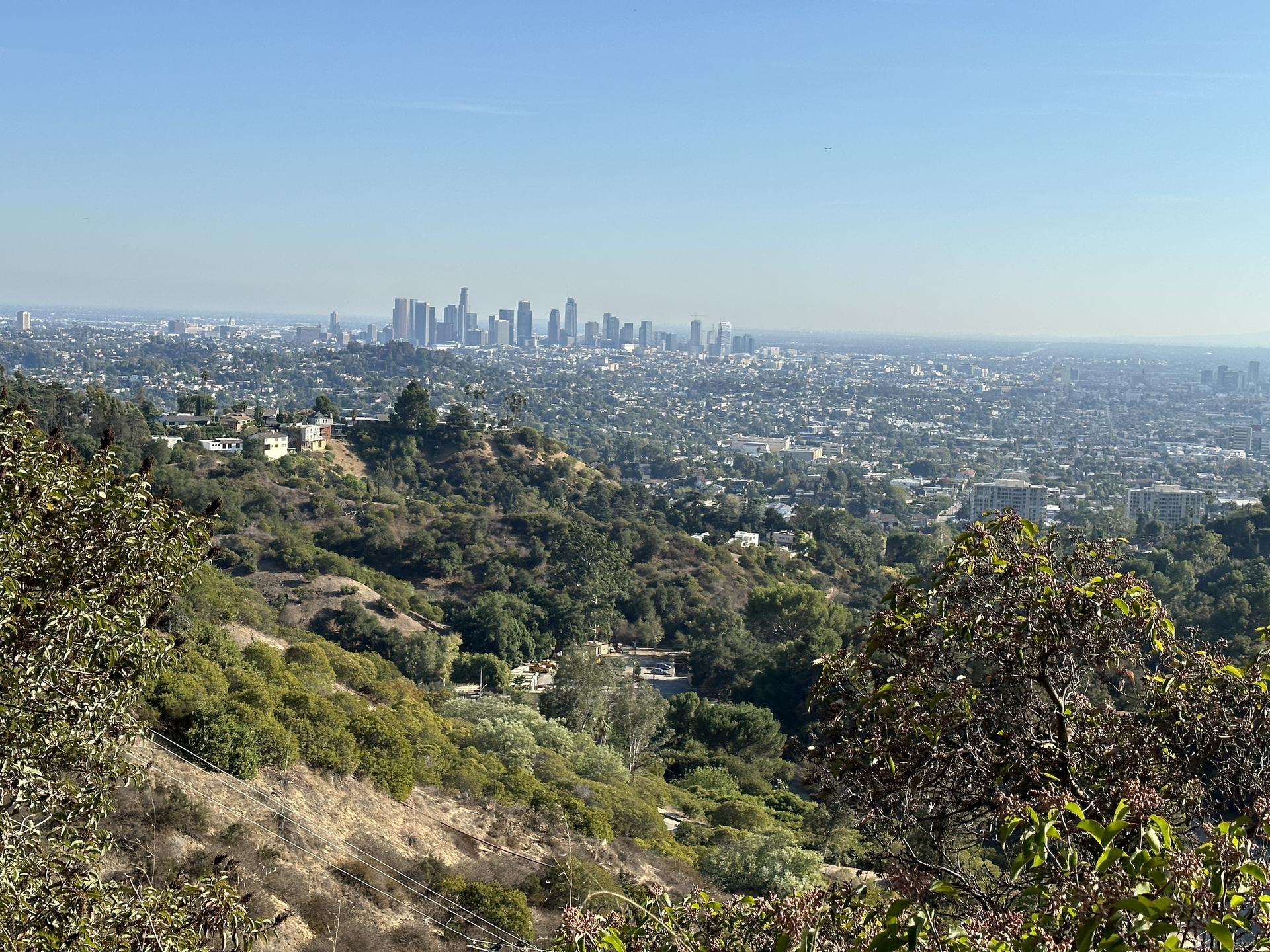Distant city skyline beyond green and dry hills on a clear day.