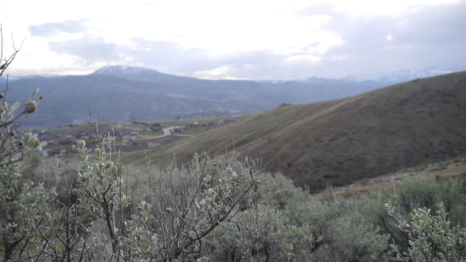 Hilly landscape with dry brush in foreground, distant mountains under cloudy sky. - Burch Mountain Road