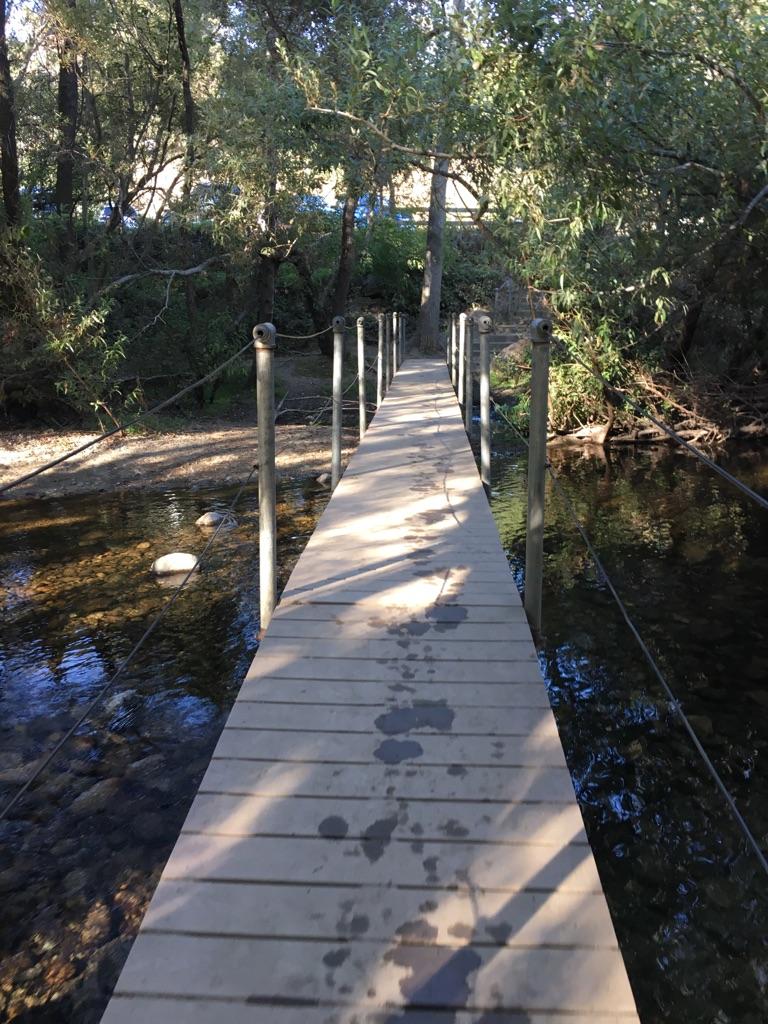 Wooden footbridge with footprints over a shallow stream, dappled sunlight.