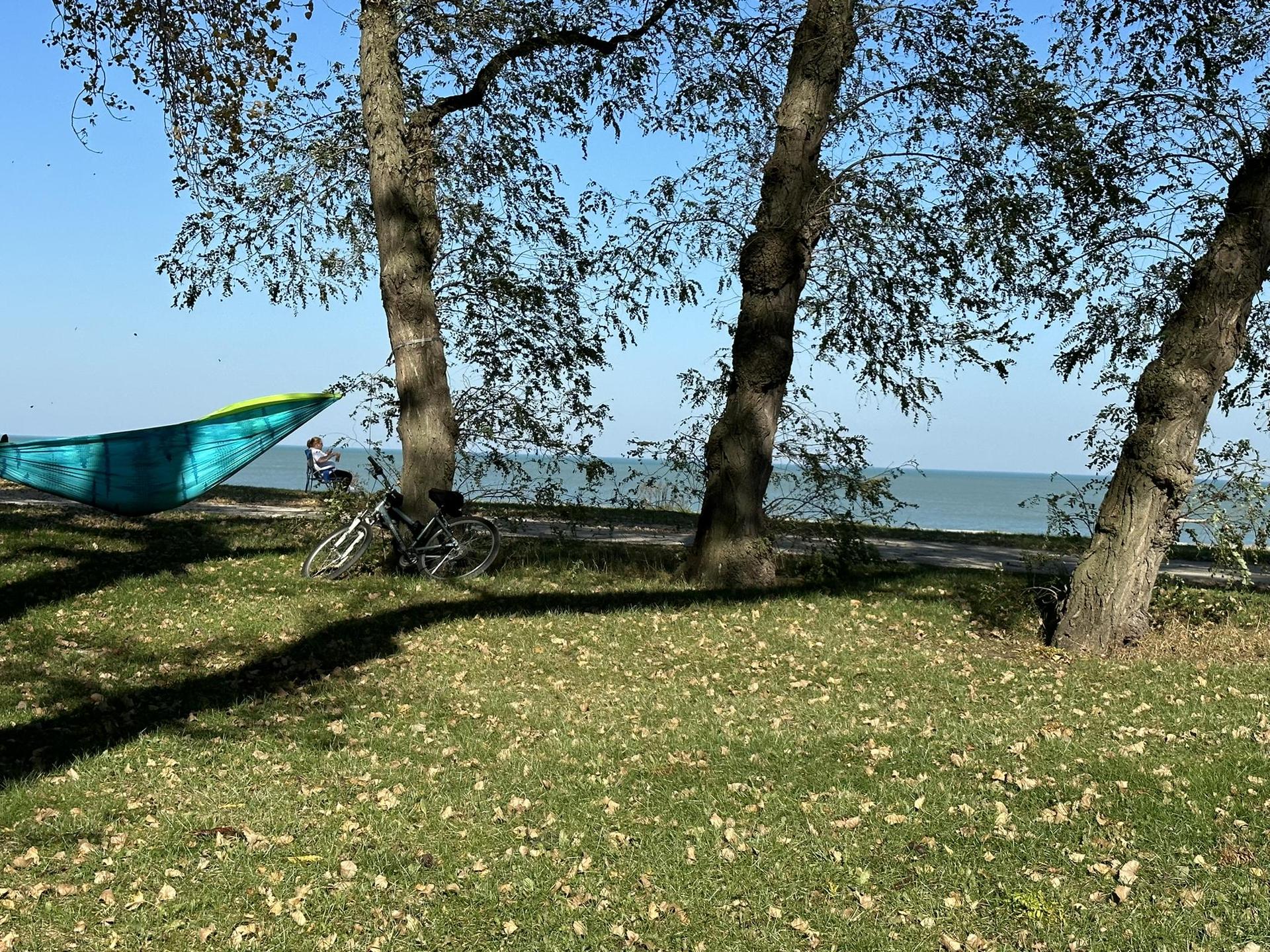 Person relaxing in a blue hammock by a lake under sunny trees.