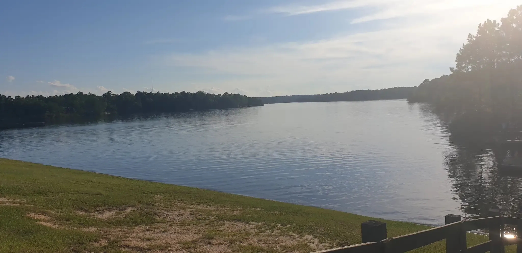 A wide lake with forested banks under a bright, sunny sky. - Lake Carolina loop from Jacob Mission