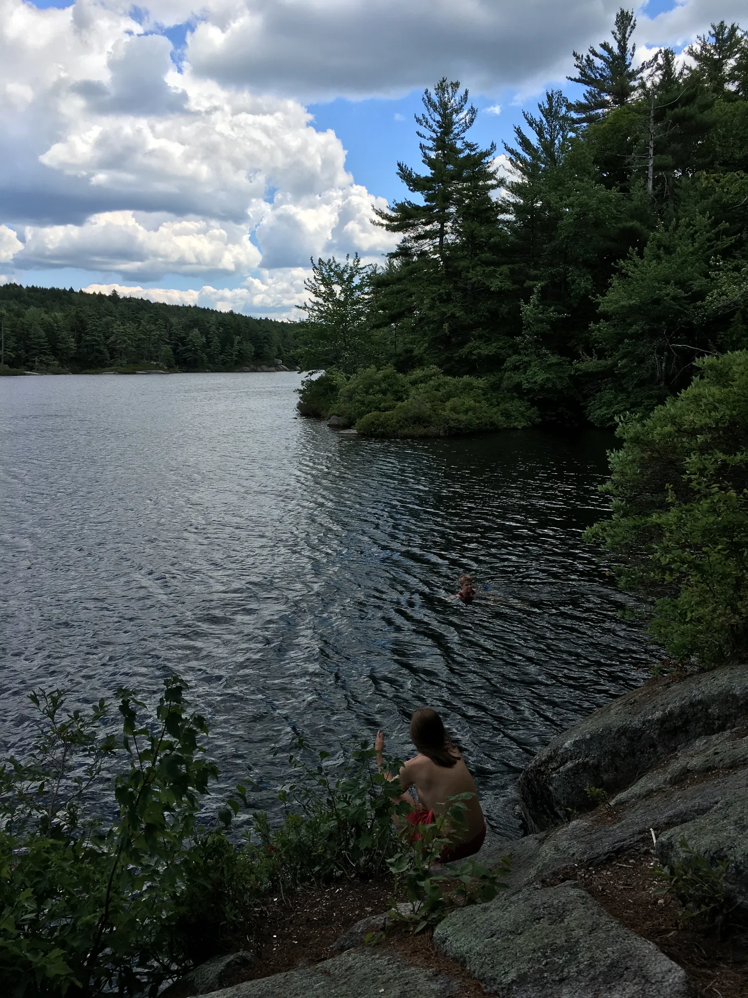 Person on rocky shore by a lake with a swimmer under cloudy sky. - Kilburn Loop