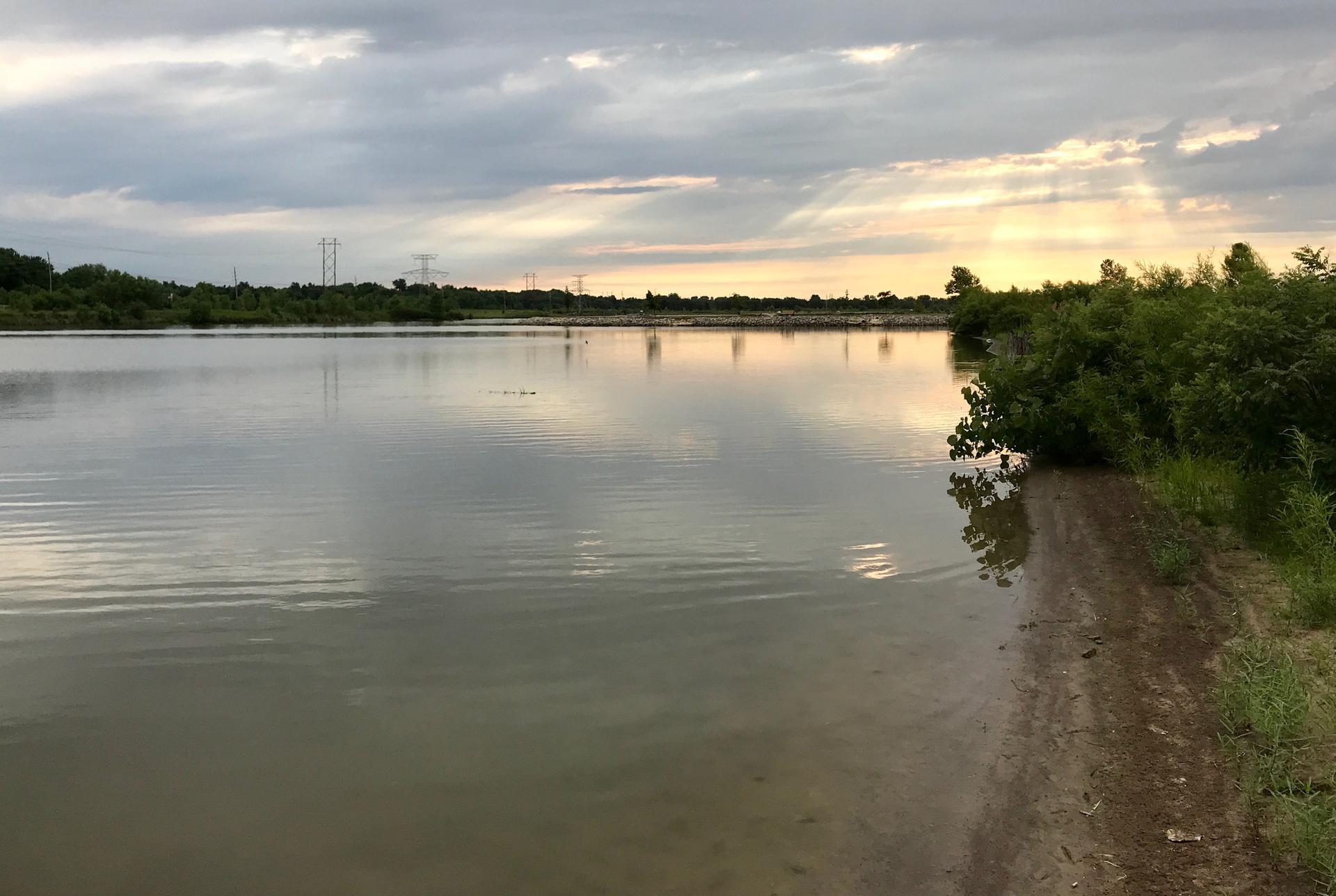 Overcast sunset over a calm lake with green trees and muddy bank.