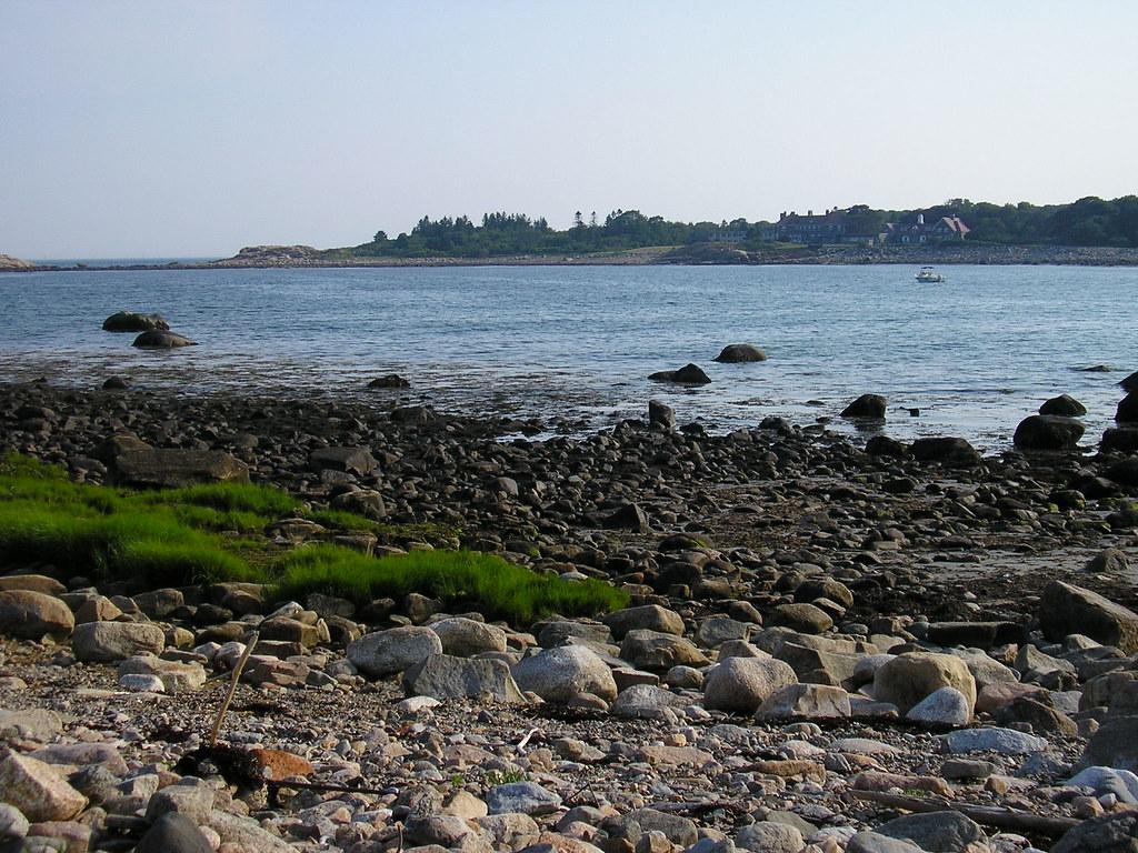 Rocky shoreline with green grass leading to calm water and distant land.