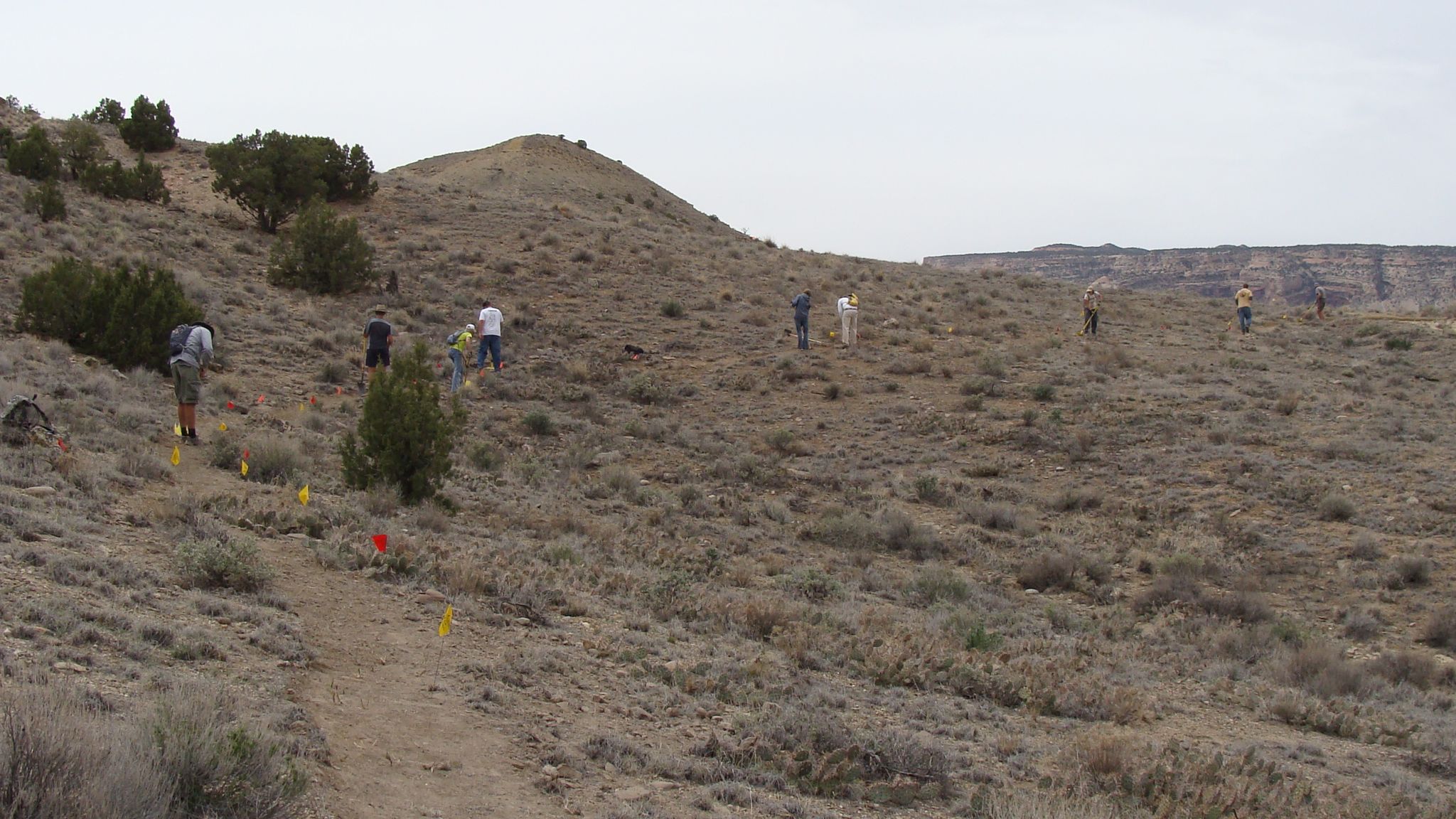 People walking on a dry, grassy hillside under an overcast sky. - Holy Bucket Trail via Miramonte Rim and Tabeguch loop