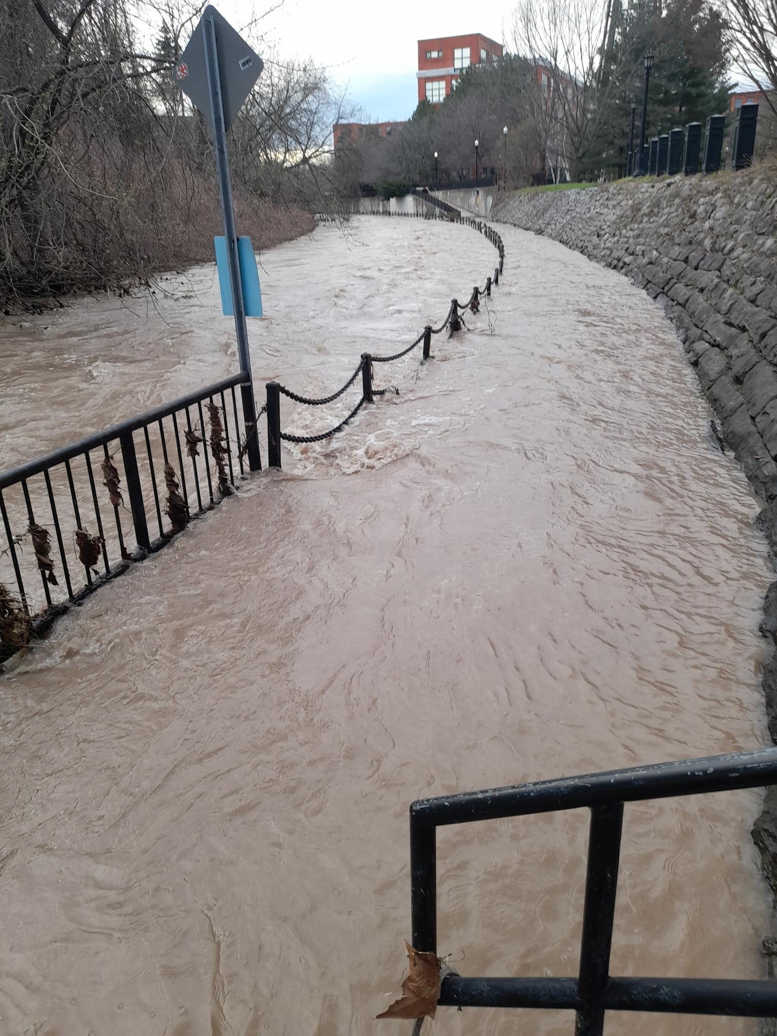 A path and canal are completely flooded with muddy brown water on a cloudy day.