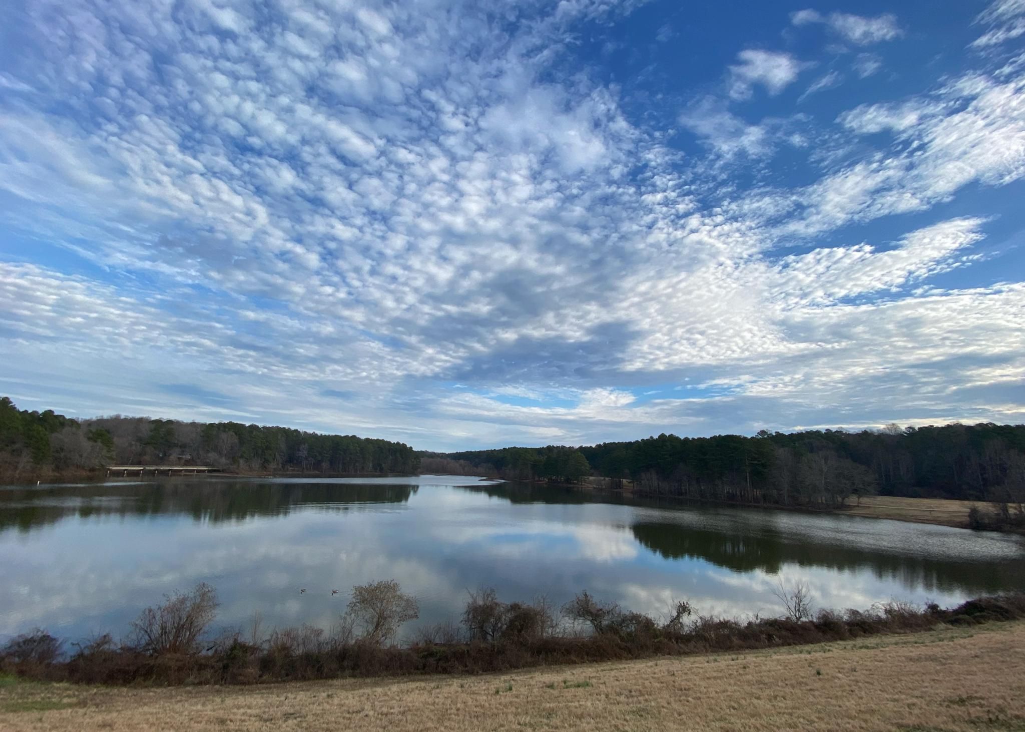 Wide lake reflecting a dramatic cloudy sky, surrounded by distant forests. - Shelley Lake Trail