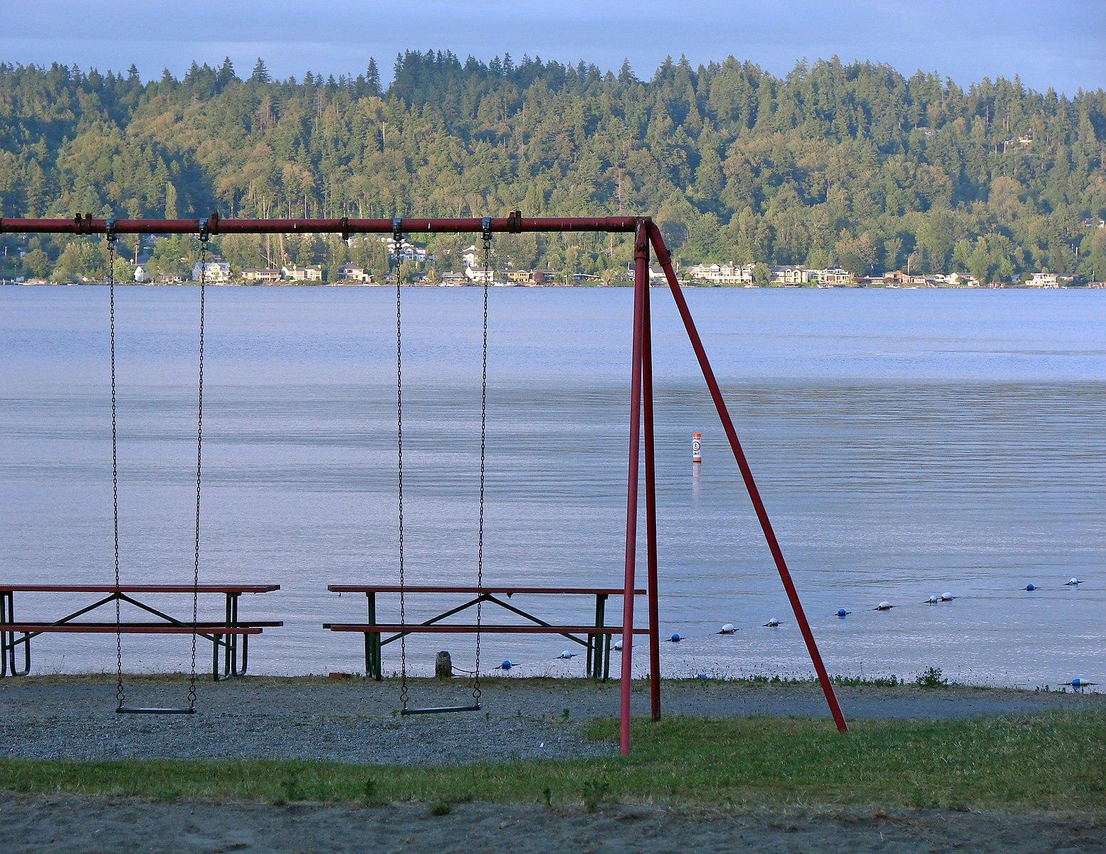 An empty swing set and picnic tables overlook a calm lake and forest.
