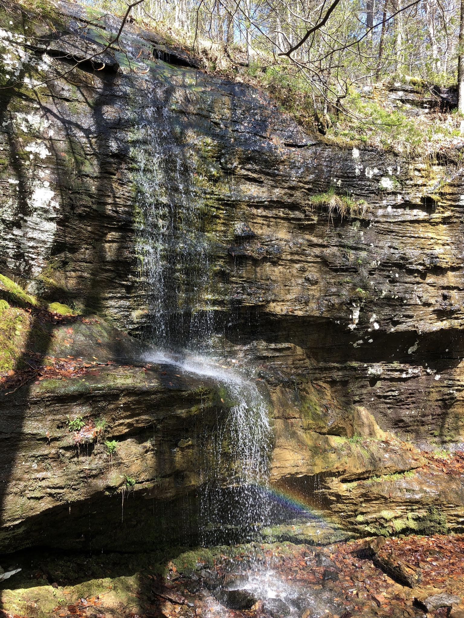 Sunlight illuminates a waterfall cascading over a rocky cliff, with a small rainbow.