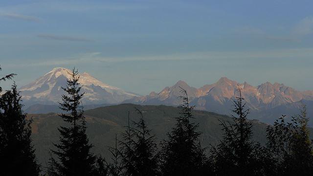 Distant snow-capped mountains and a rugged range under a clear sky, framed by trees.