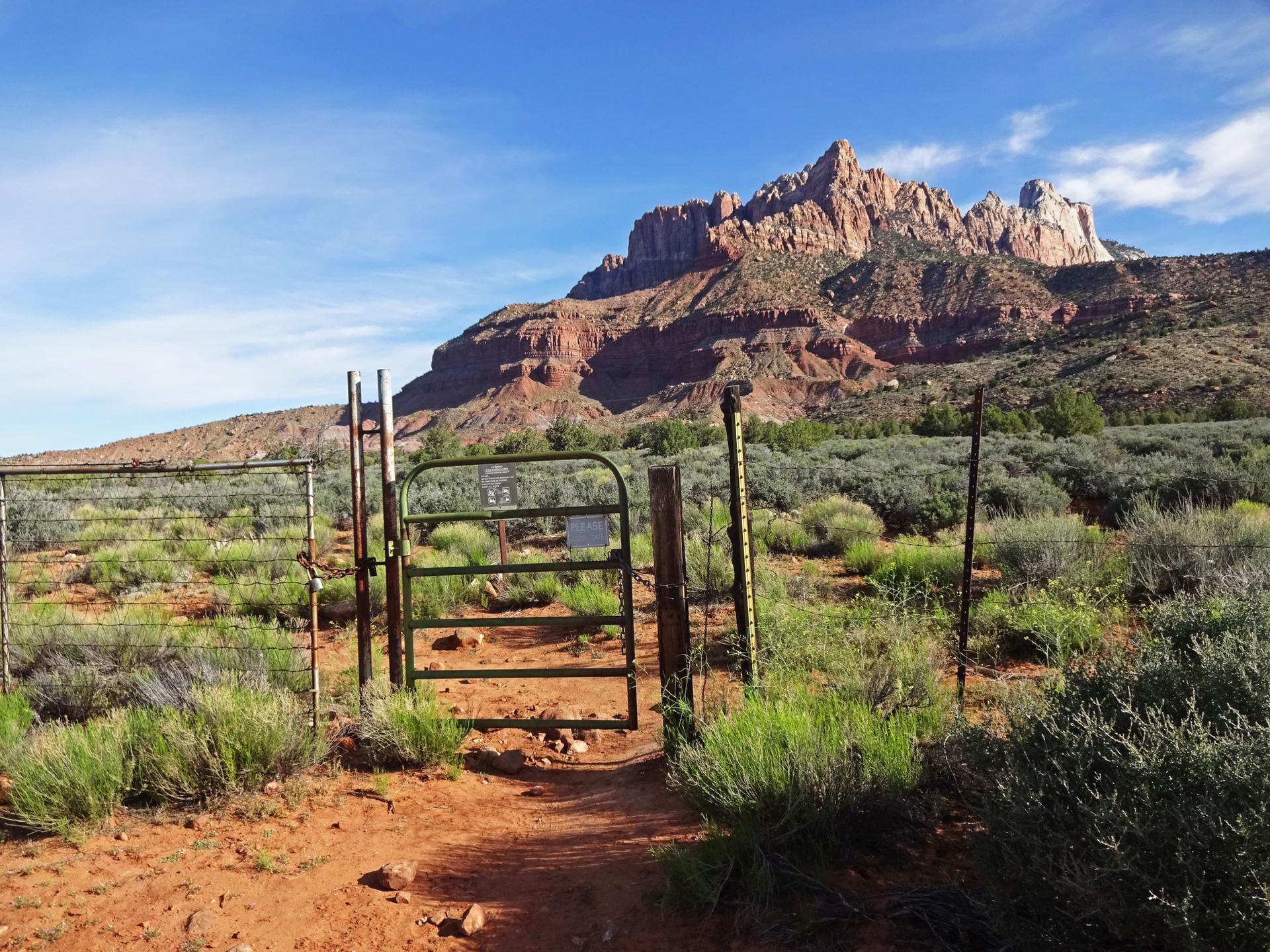 Metal gate on a dirt path in a sunny desert with a large mountain.