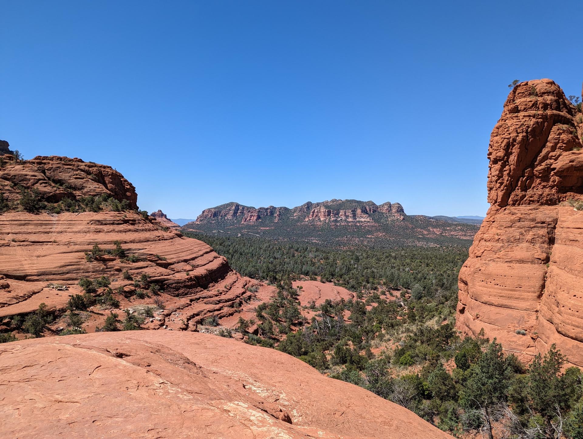 Panoramic view of red rock mountains and a valley with green trees.