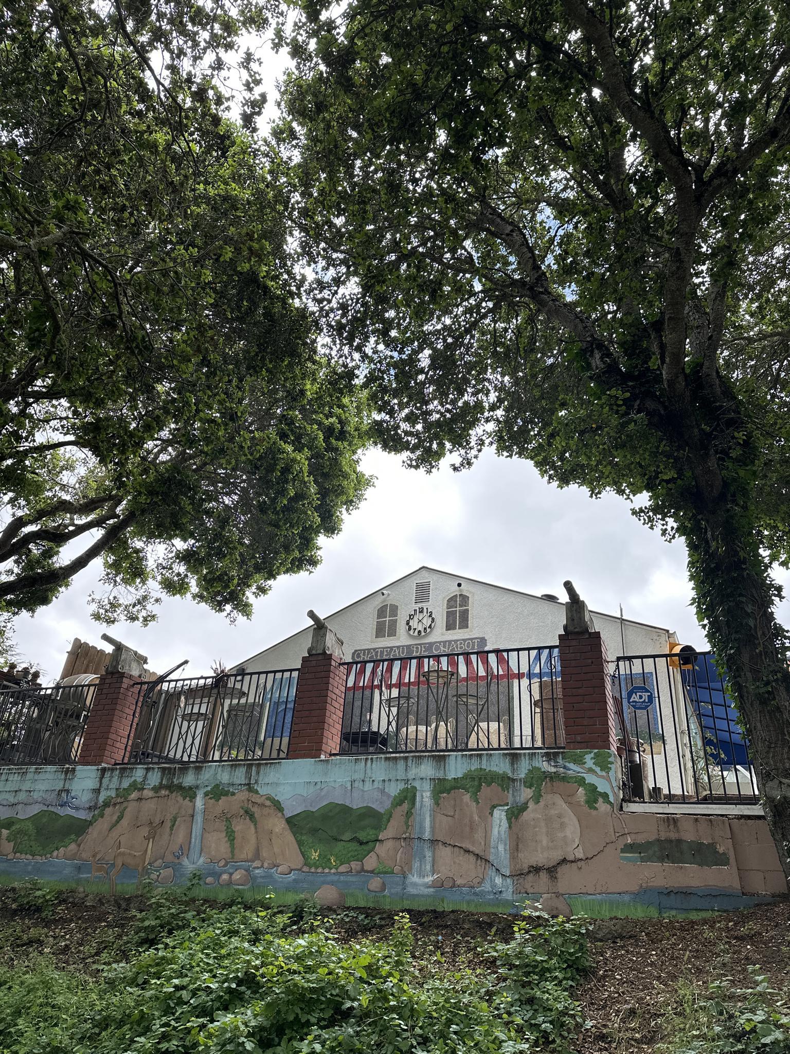 Overcast view of a building with a mural, framed by large trees.