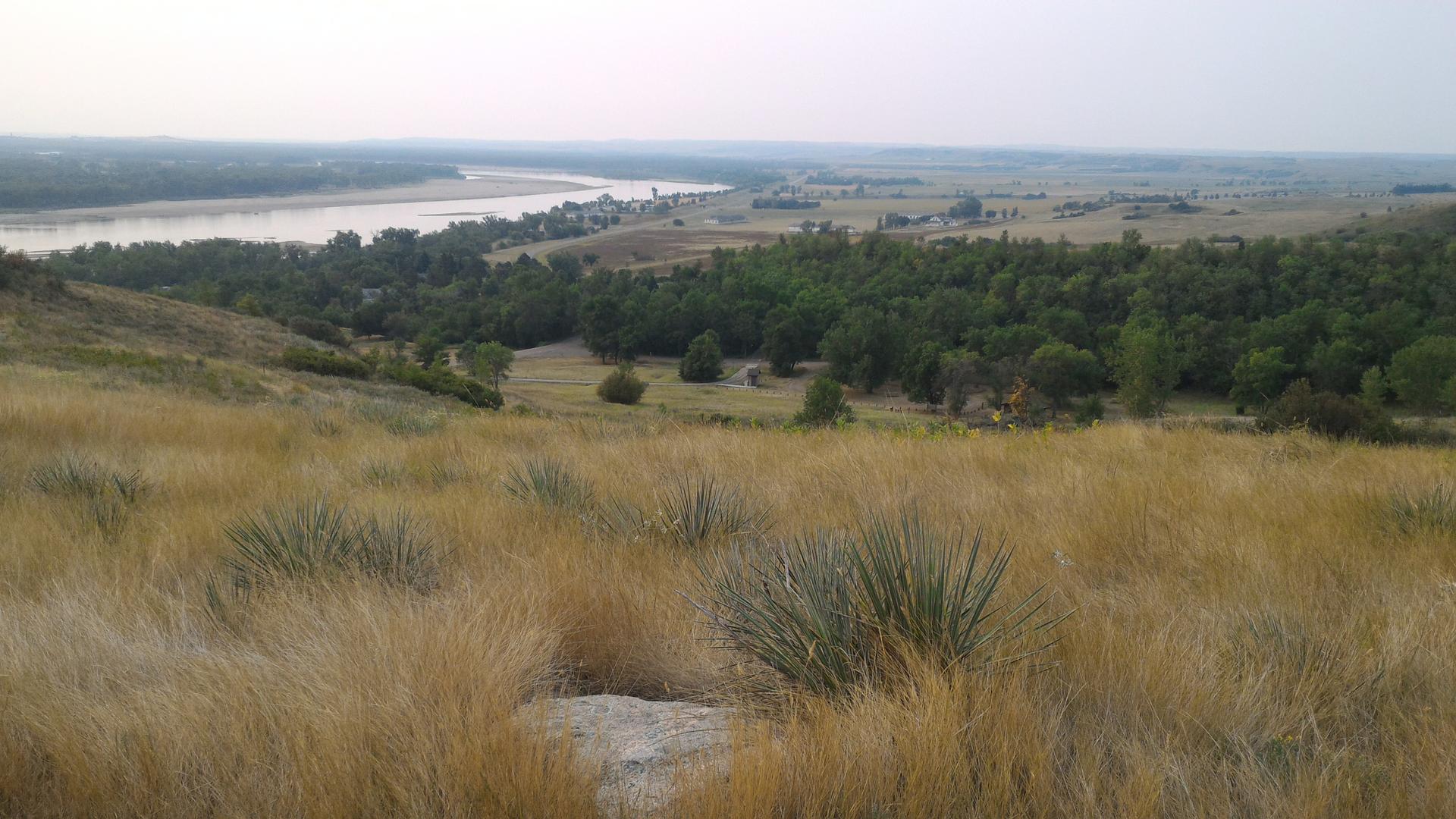 Panoramic view of a river, forest, and dry golden grasslands under a cloudy sky.