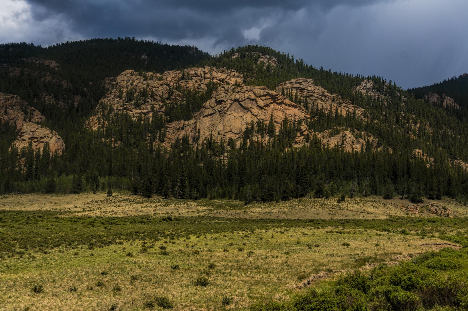 Dark clouds over rocky, forested mountainside and a sunlit, grassy meadow.