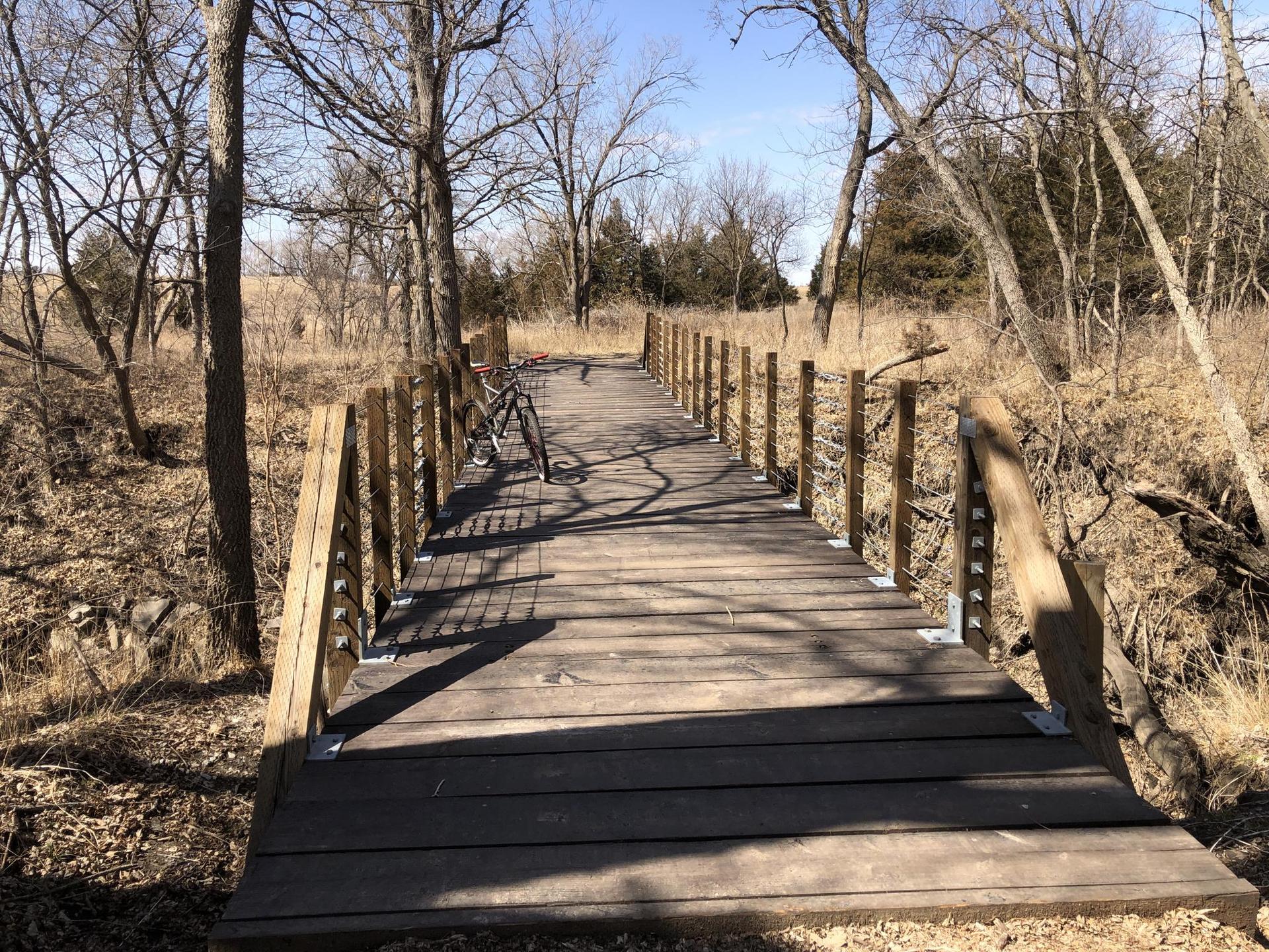 A long wooden boardwalk through a bare forest with a bicycle parked.