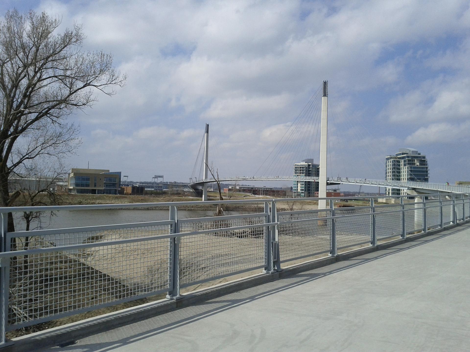 Modern cable-stayed bridge over a river, city buildings, and bare trees under a bright sky.