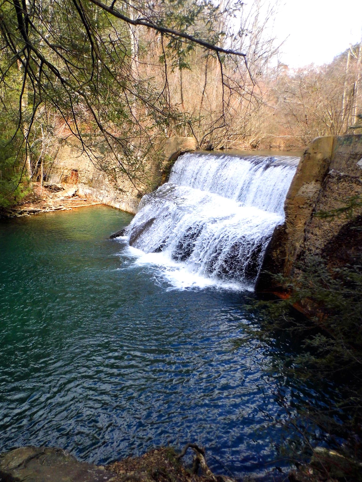 Waterfall cascades into a serene green pool surrounded by bare trees.