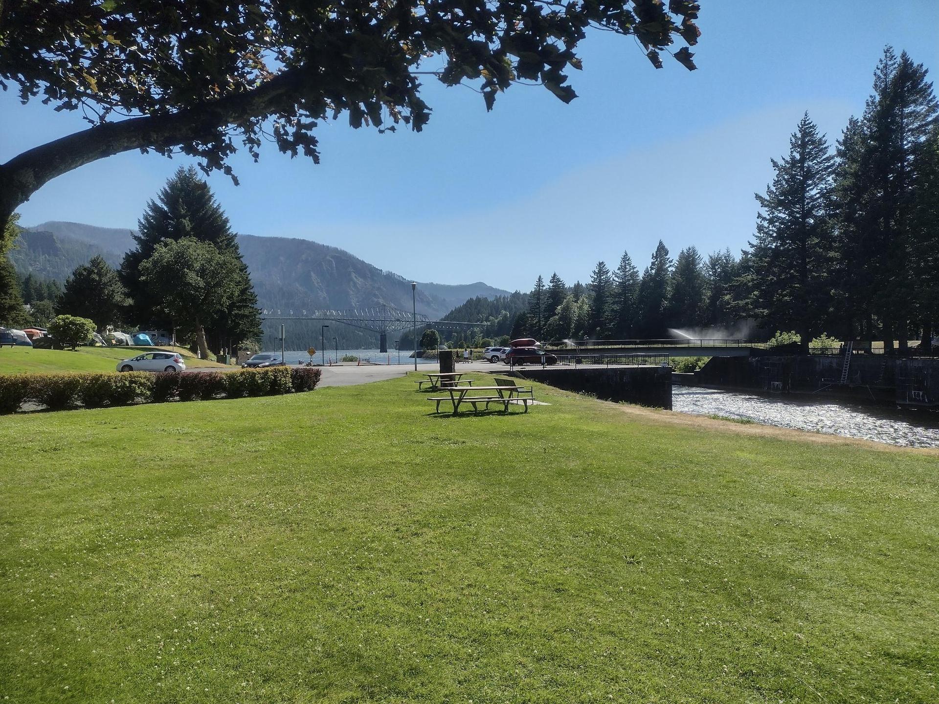 Sunny park with picnic table, river, mountains, and evergreen trees.