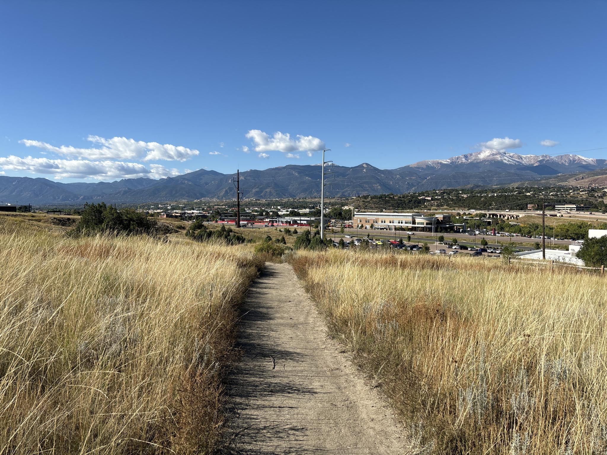 A dirt path through golden grass leads to distant mountains and buildings.