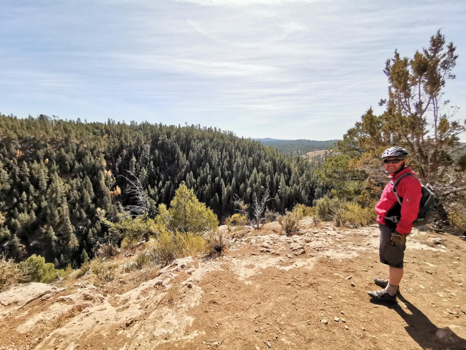 Person in red jacket and helmet stands on a sunny cliff overlooking a forest.